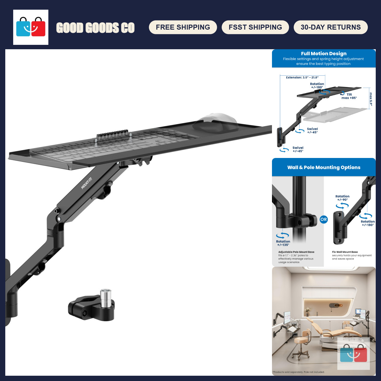 Swivel Keyboard & Mouse Tray Wall Mount & Pole Mount - Adjustable, Space-Saving