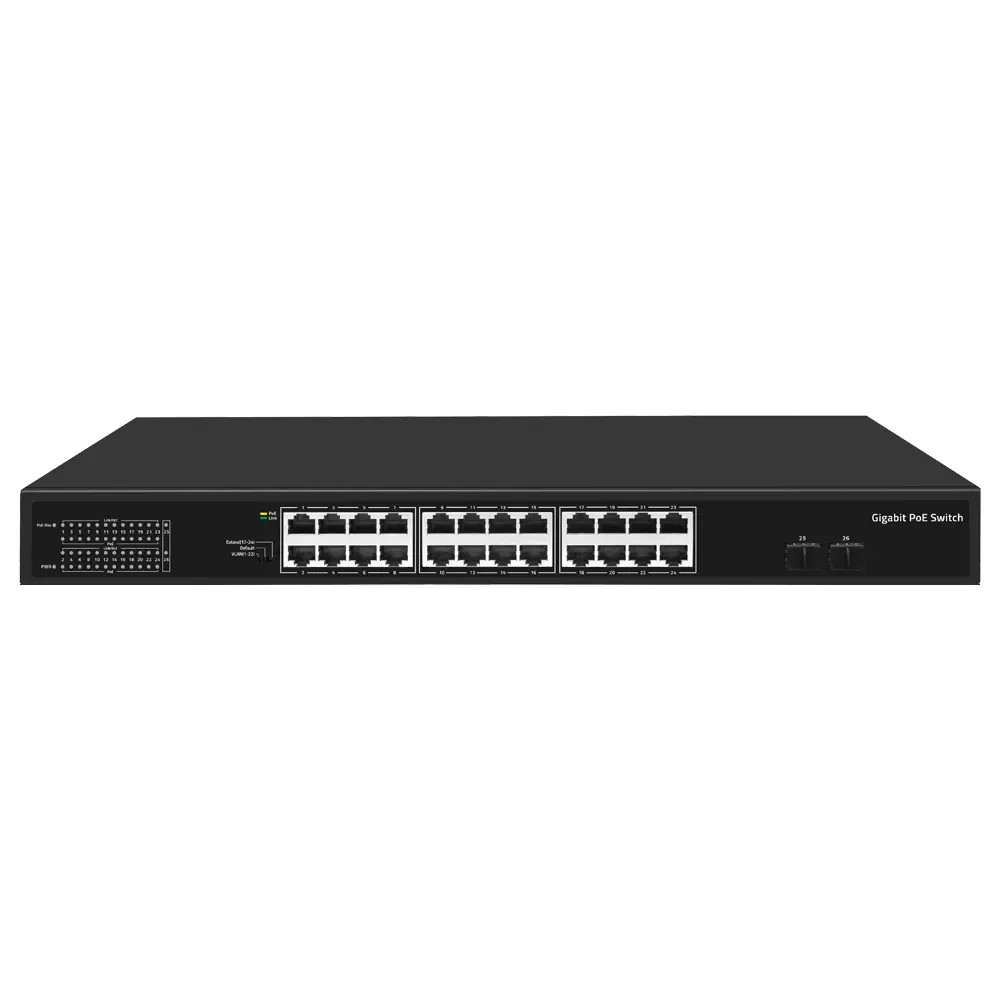 26-Port Unmanaged Gigabit PoE Switch 24x PoE Ports 2x SFP Uplink 60W Fanless