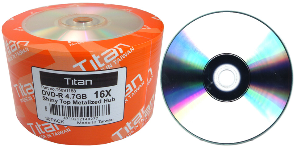 50 Titan Brand Duplication Grade 16X Shiny Silver Top Blank DVD-R Disc 4.7GB