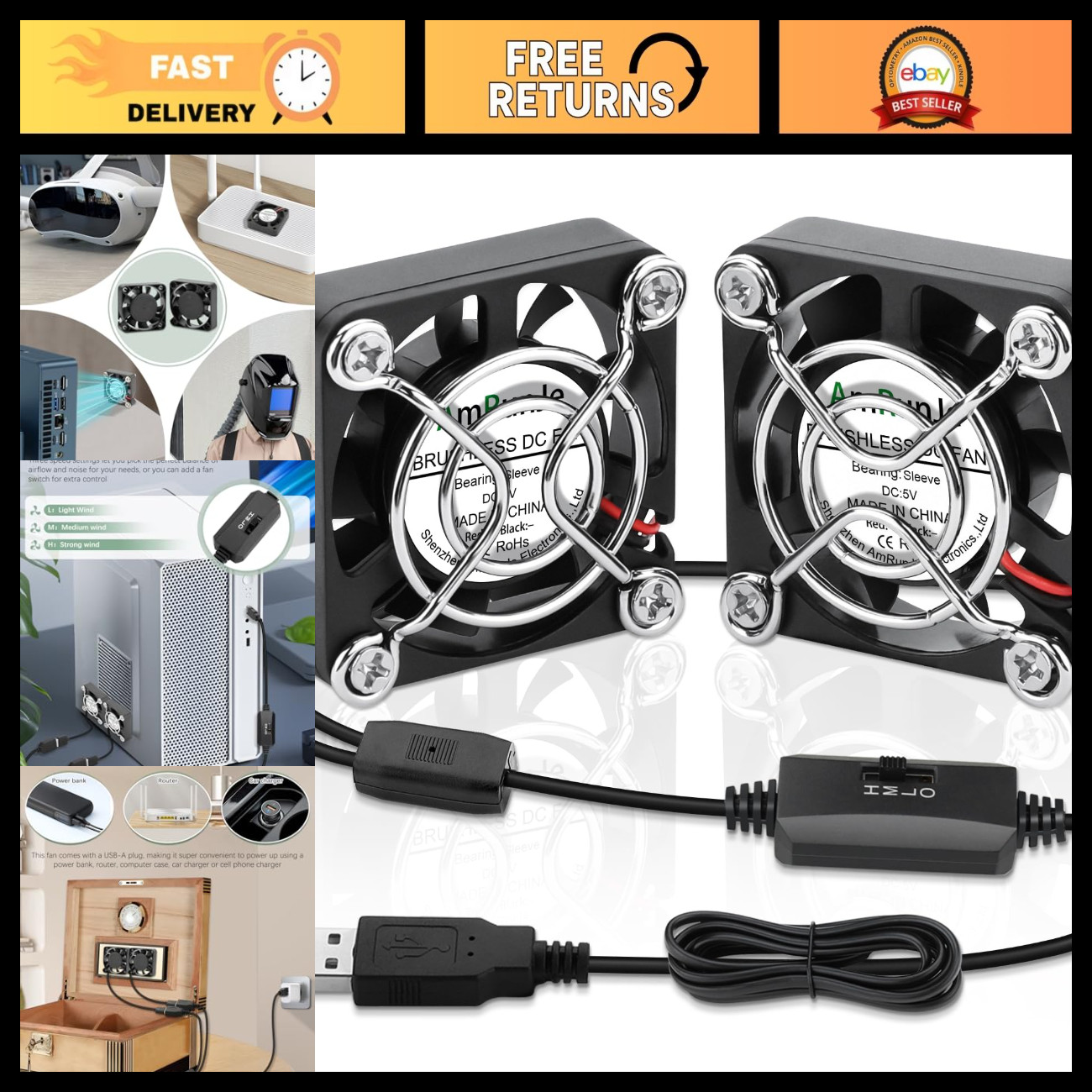 2pcs 40mm USB Mini Cooling Fan, 5V Brushless with Speed Control for Quiet Operat