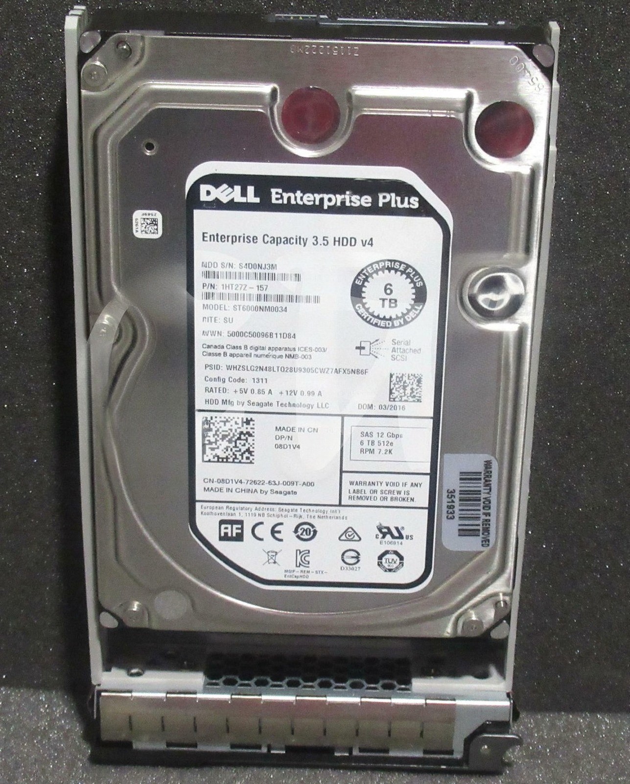 8D1V4 ST6000NM0034 Dell ENTERPRISE 6TB 7.2K RPM 12G 3.5'' SAS HDD R930 R330 T430
