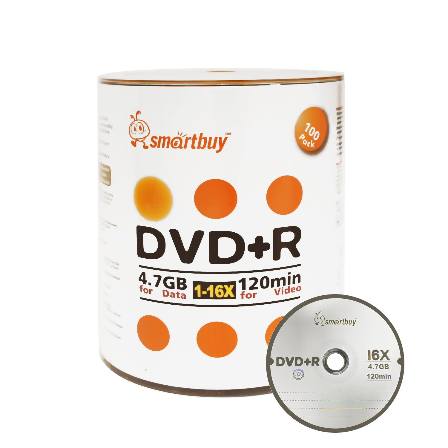 Smartbuy DVD+R 16X 4.7GB/120Min Logo Top (Non-Printable) Blank Media Record Disc