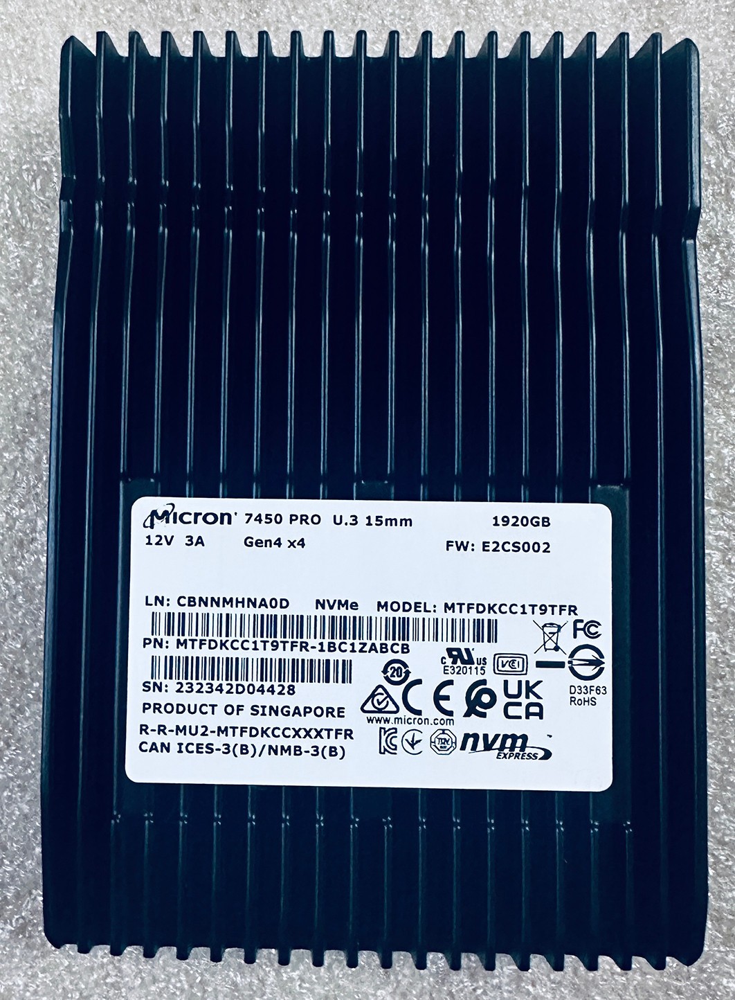 Micron 7450 Pro U.3 Nvme SSD Gen4 1.92TB PCIe Micron MTFDKCC1T9TFR 100% Health