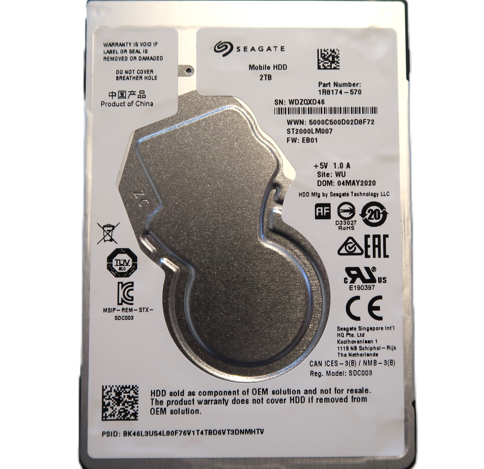 Seagate ST2000LM007 1R8174-570 EB01 (WDZQ) WU China 2.5" 2TB Sata HDD MAY/2020