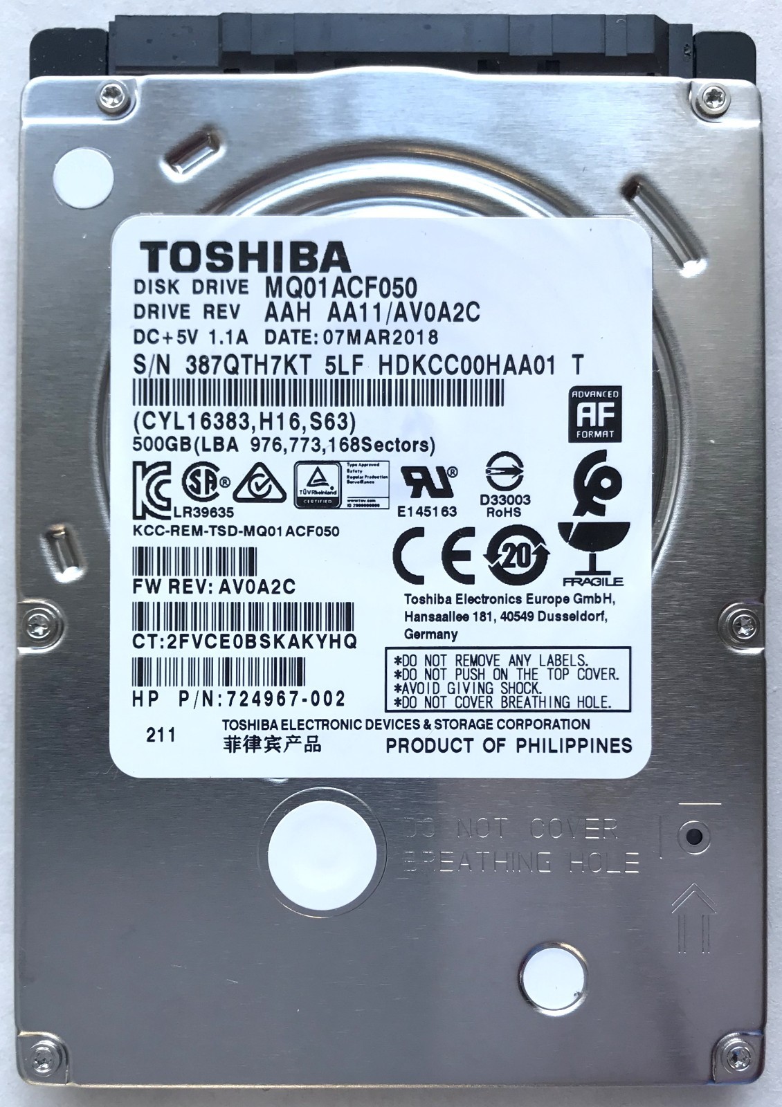 Toshiba 500GB 7200RPM 2.5” SATA HDD MQ01ACF050 HP P/N: 724967-002