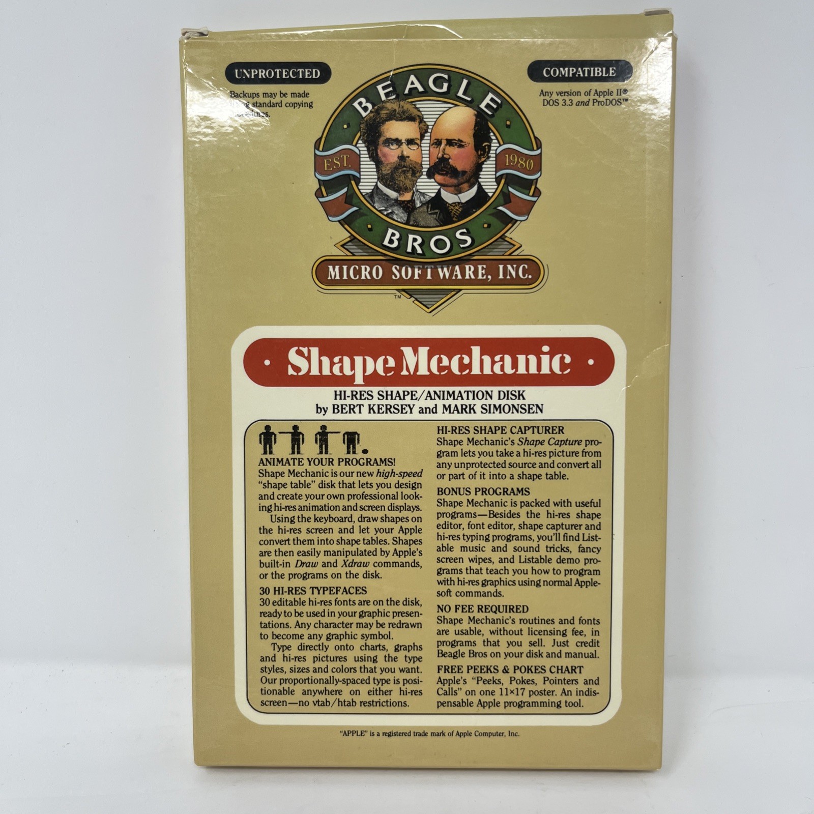 Beagle Bros Shape Mechanic Apple II Software COMPLETE Box 2 Disks Manual Sticker