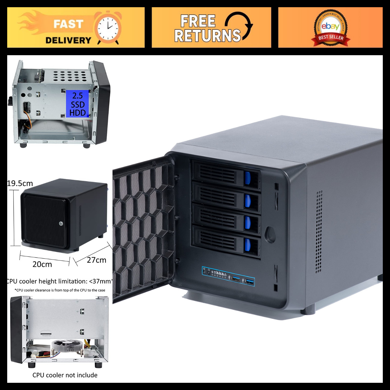 DIY NAS Case 4-Bay + 1 Internal Bay, Hot Swap Backplane, USB 3.0, ITX Chassis