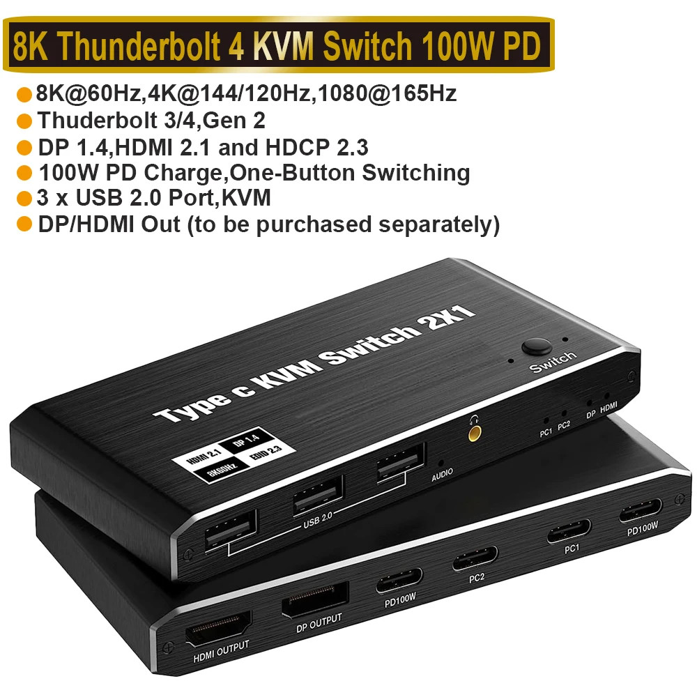 2x1 8K Thunderbolt 4 USB C KVM Switch 100W PD Charge 4K 144Hz Type C KVM Switch 
