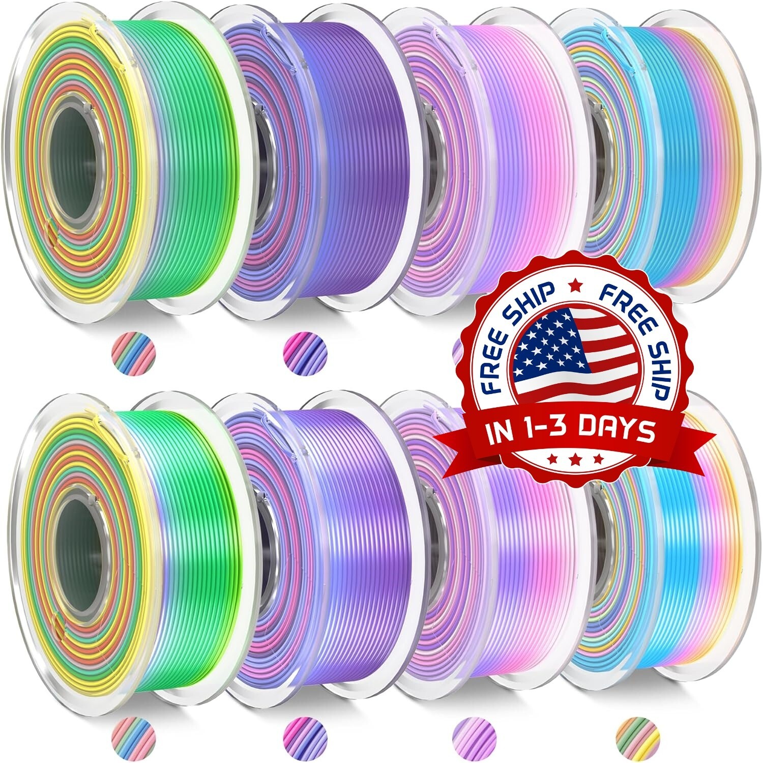 Paquete de filamentos para impresora 3D PLA Rainbow, 4 rollos PLA+ Silk NUEVO US