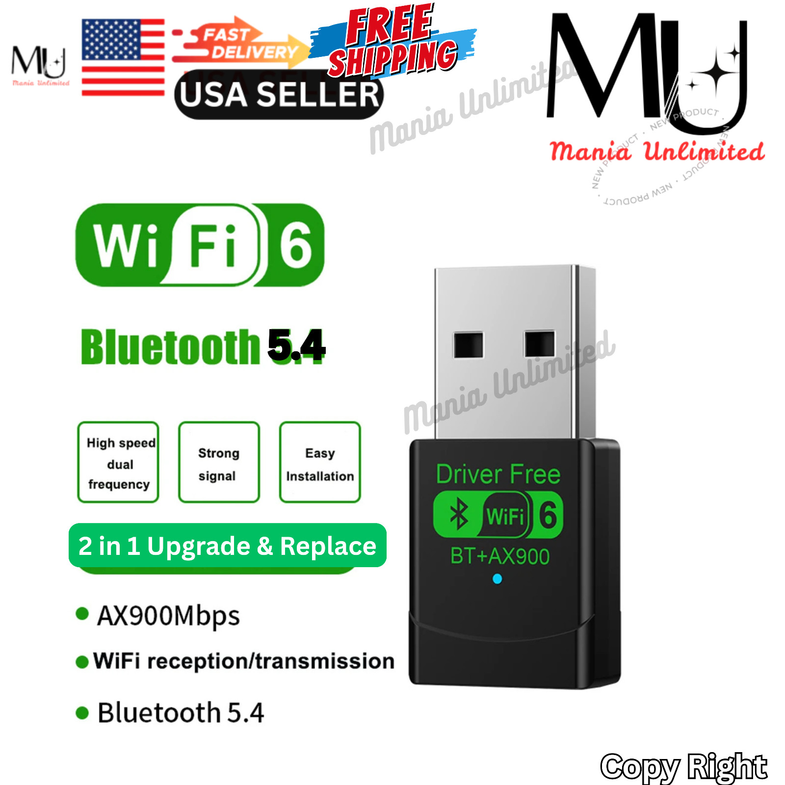 USB WiFi-6 AX900 900Mbps 2 in 1 Dongle 2.4G 5GHz Dual Band & BT 5.4 Win10,11
