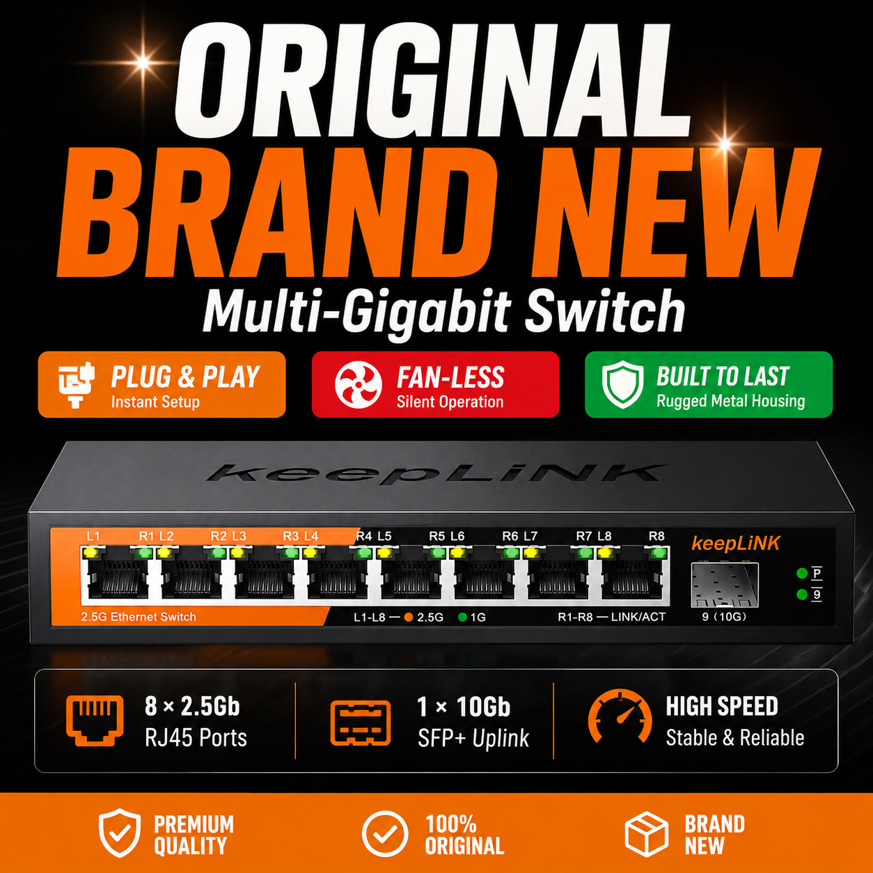 2.5G Multi-Gig Ethernet Switch, 8x RJ45 Ports, 10G SFP+, Silent Metal Case Fast
