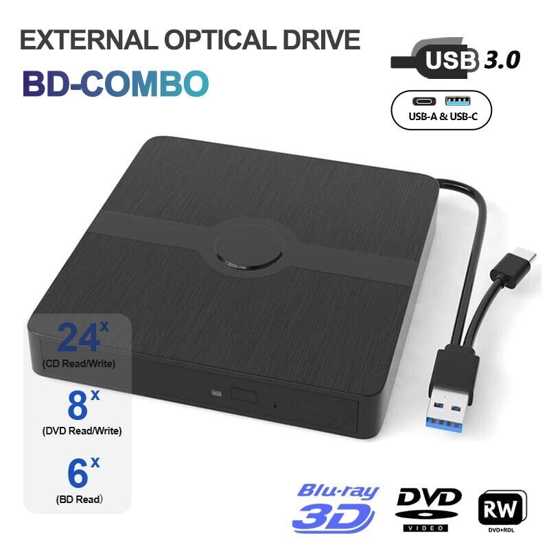 External Blu-ray Drive USB 3.0 Type-C, CD DVD Player, 3D BD-Cambo Optical Drives