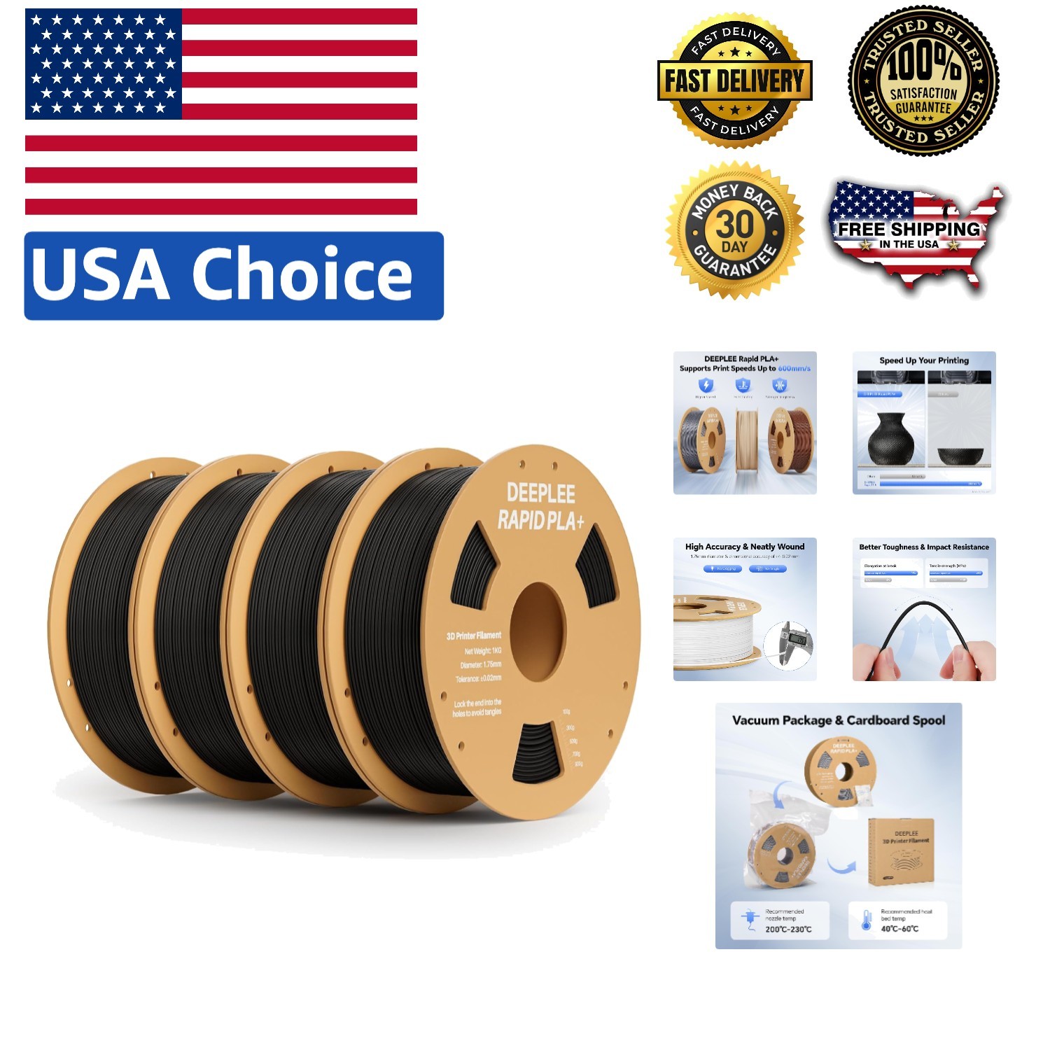 1.75mm Rapid PLA Plus Filament for FDM Printers - High Quality, 4 Pack