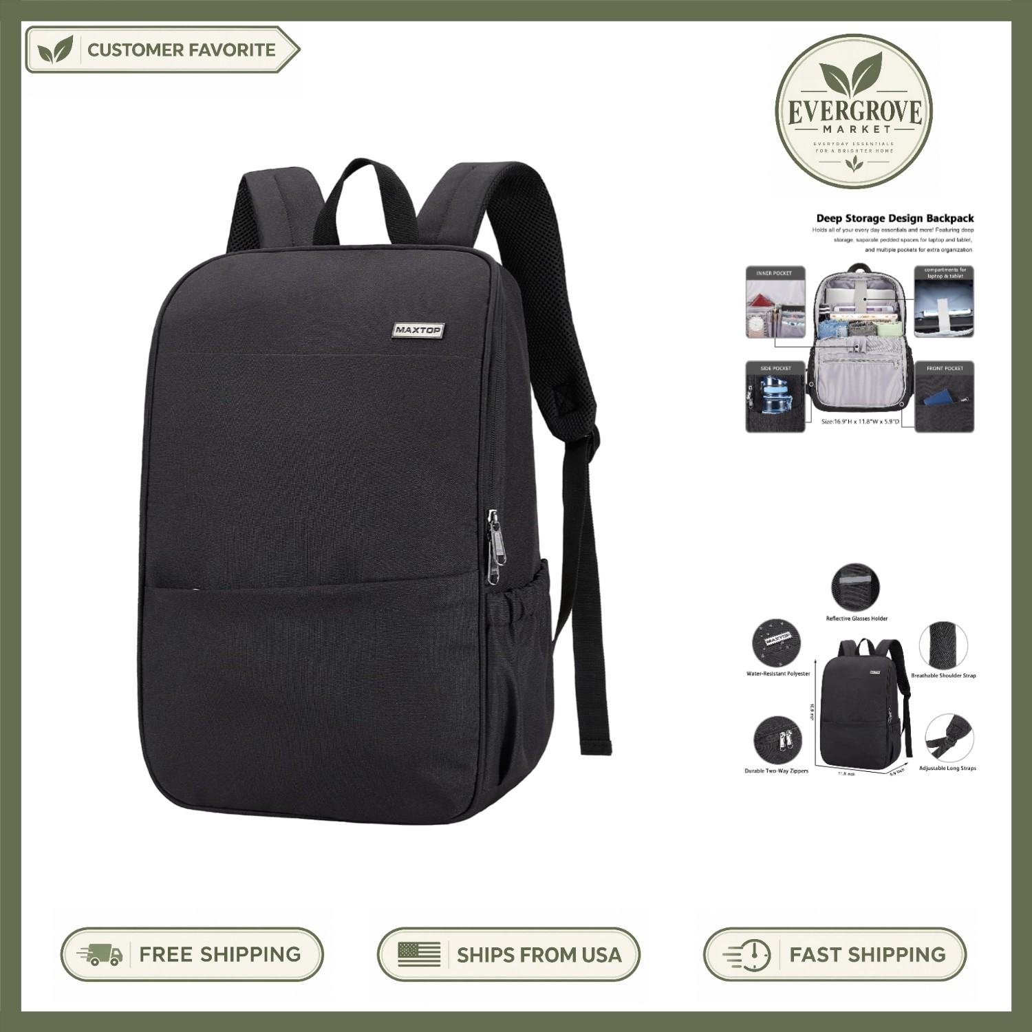 Travel Ready Anti-Theft Laptop Backpack - Fits 15.6 Inches - Black & Lightweight