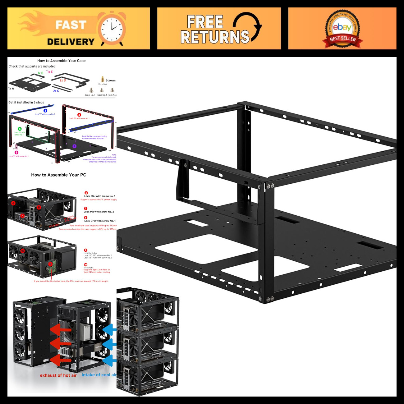 Open Air PC Test Bench Case, Stackable Computer Chassis for ATX MATX Micro ATX