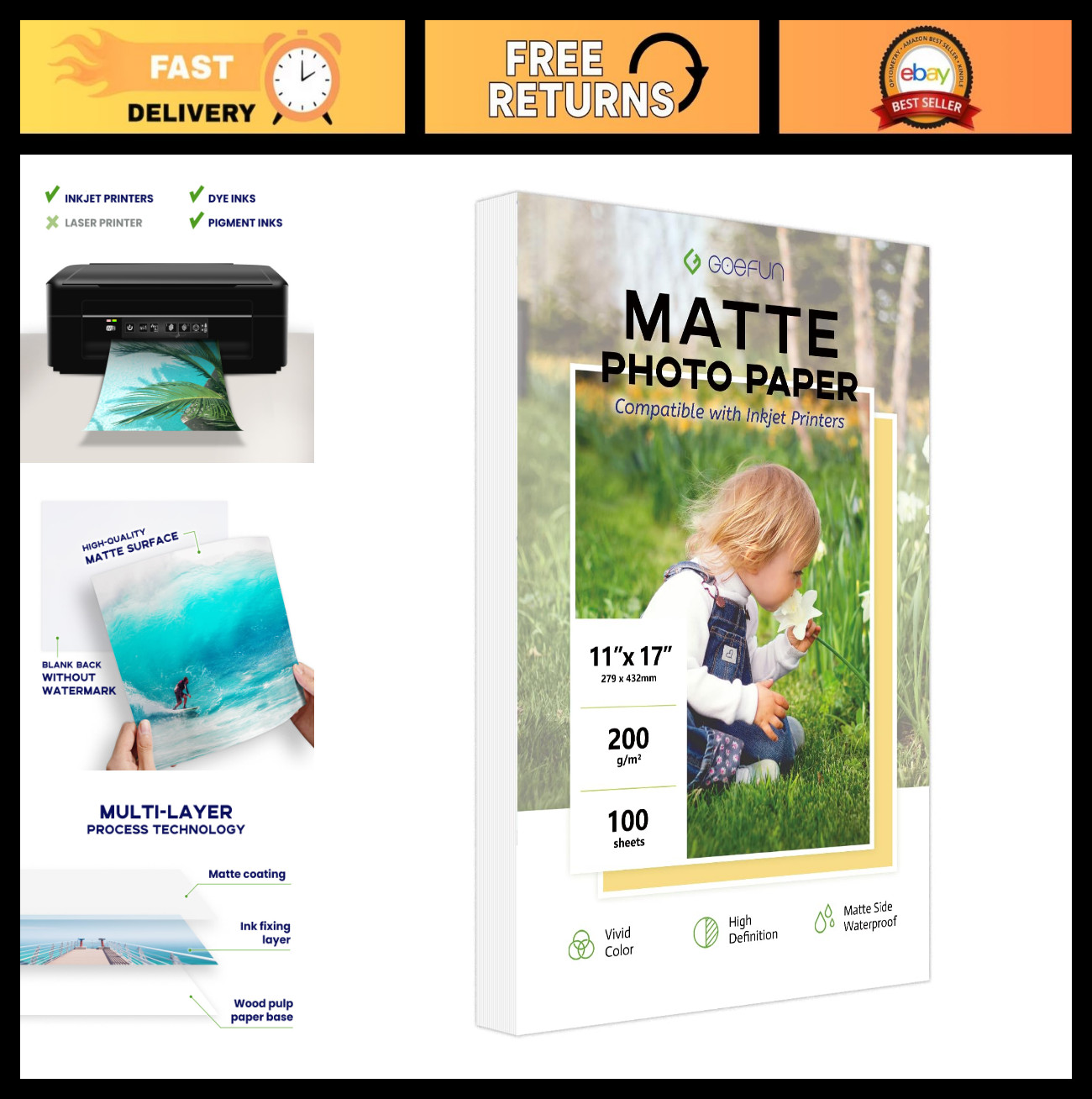 High-Quality 11x17 Matte Photo Paper, 200 GSM Inkjet, 100 Sheets for Prints