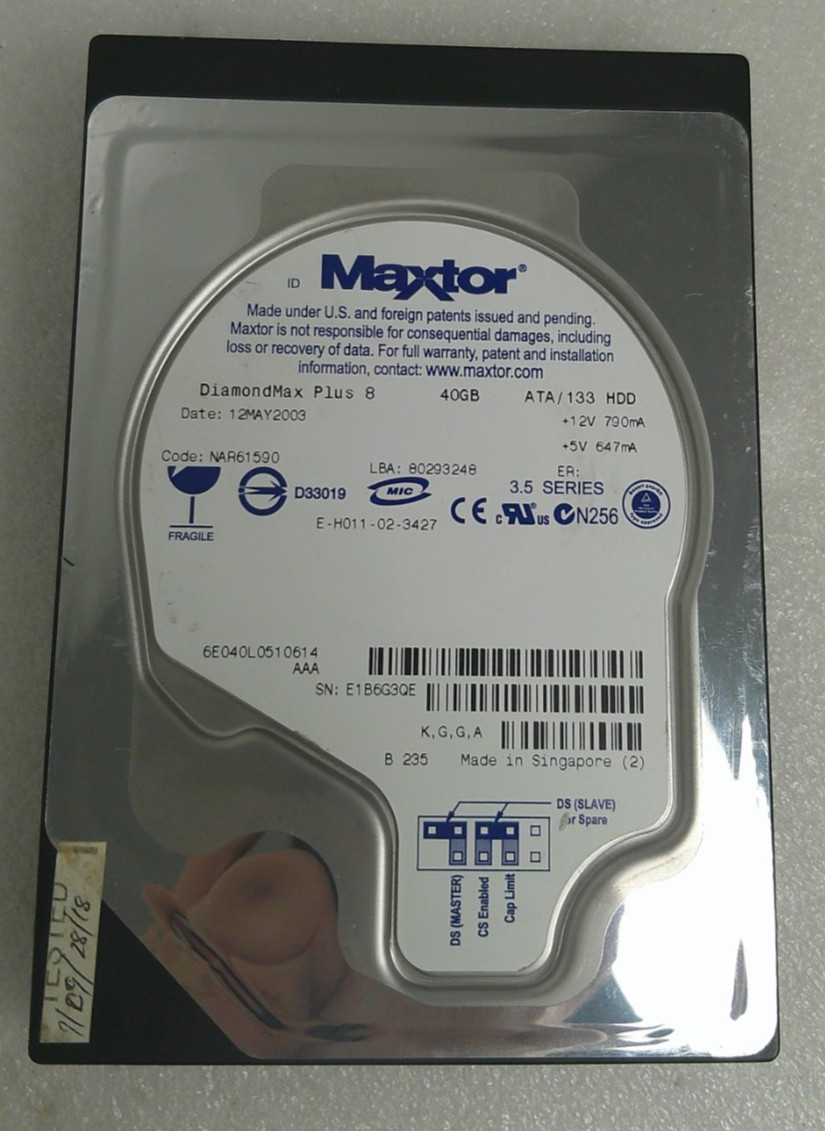 MAXTOR DIAMONDMAX PLUS 6E040L0 NAR61590 7200 RPM 40GB IDE DRIVE
