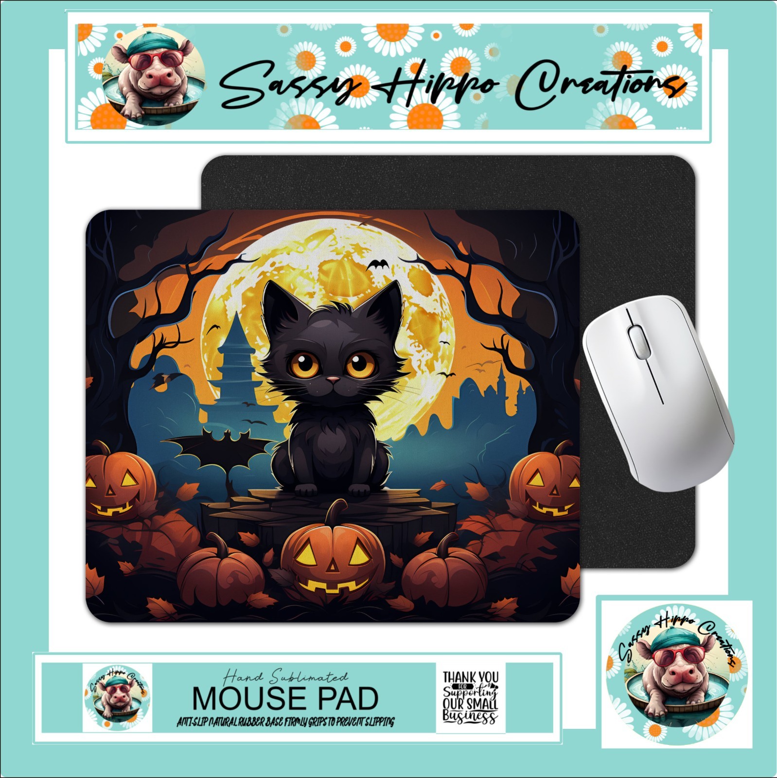 Mouse Pad Spooky Black Cat Jack O Lantern Halloween Anti Slip Back Easy Clean