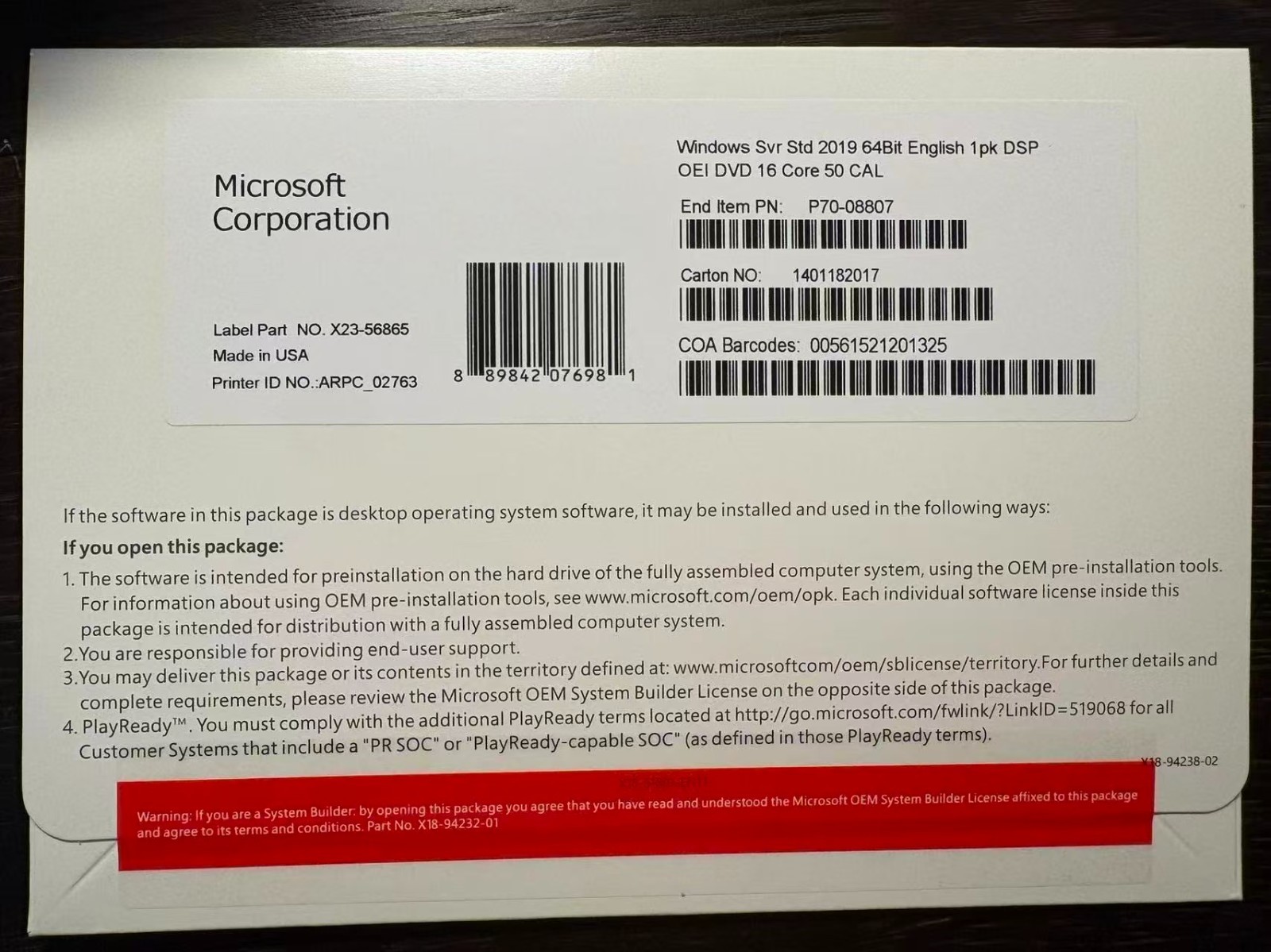 Microsoft Windows Server 2019 Standard 64Bit 16 Core-50 Cal Freeshipping