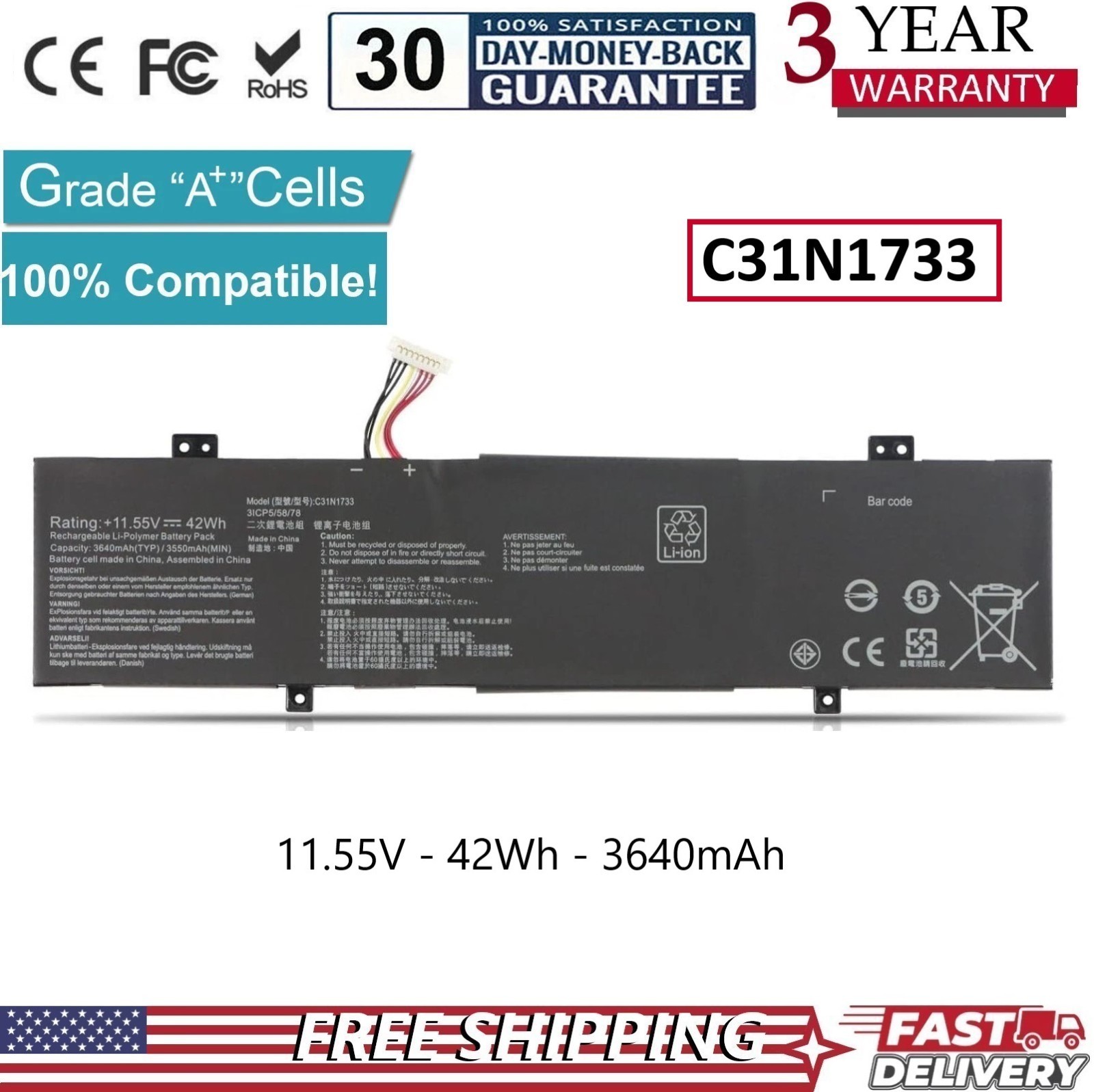 ✅New C31N1733 Battery For Asus VivoBook Flip 14 TP412UA TP412FA 0B200-02970000