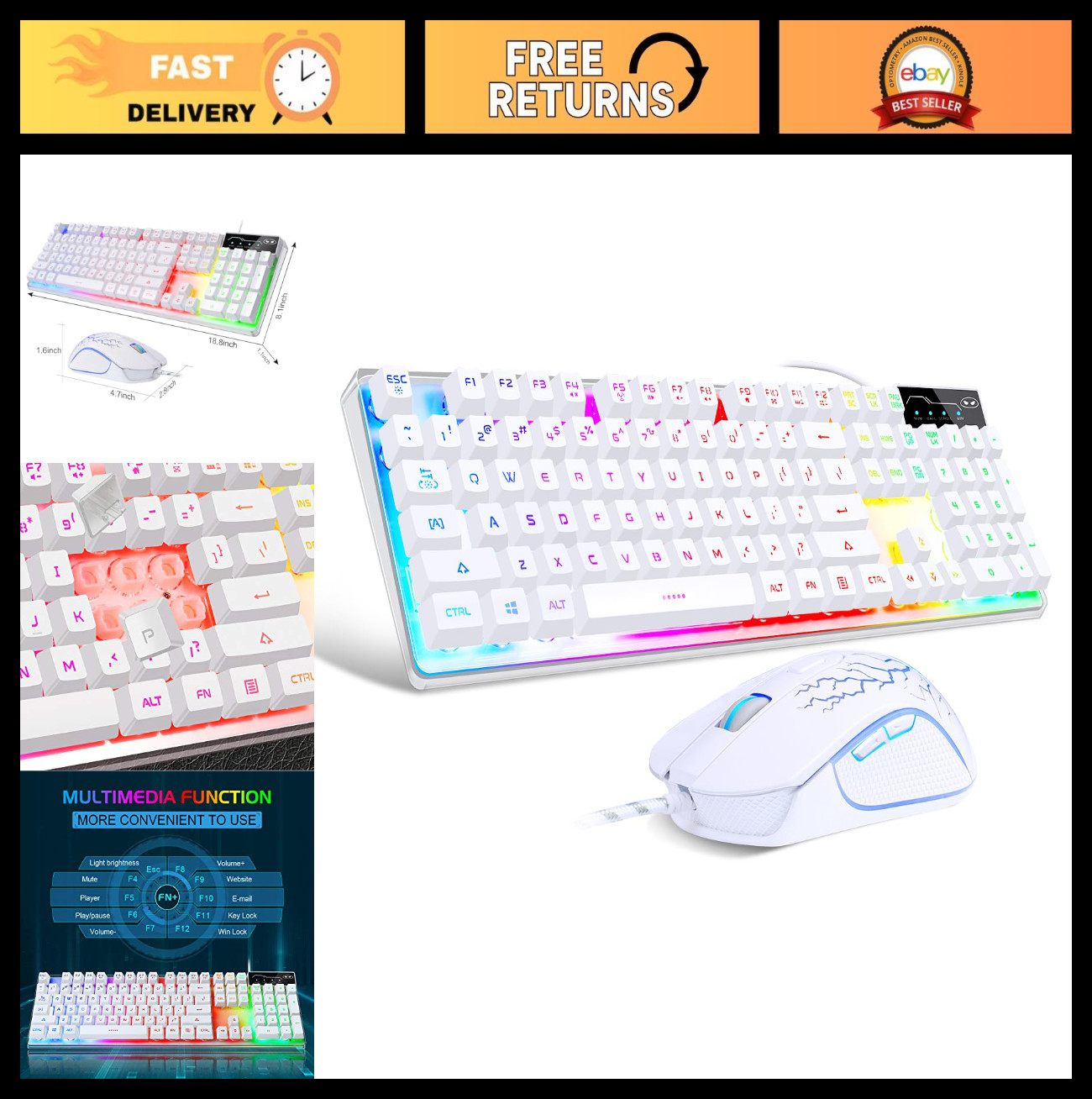 RGB Gaming Keyboard and Mouse Combo, 104-Key LED Backlit for PC/Laptop - White