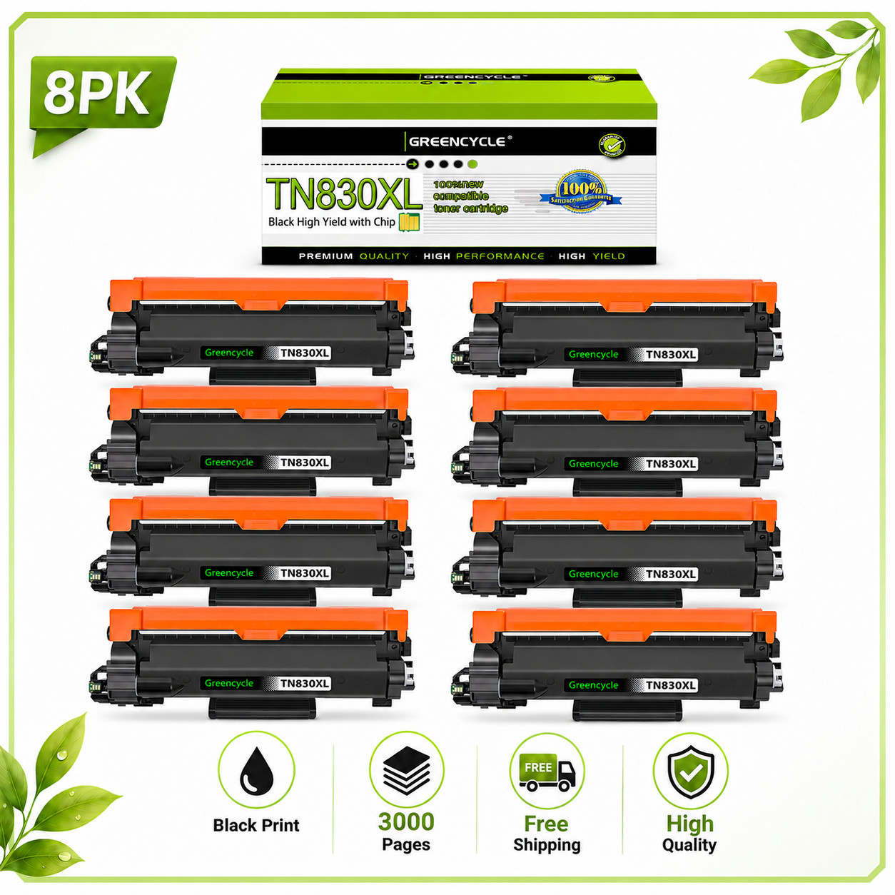 8 Pack TN830 XL Toner High Yield for Brother TN-830XL HL-L2480DW DCP-L2640DW