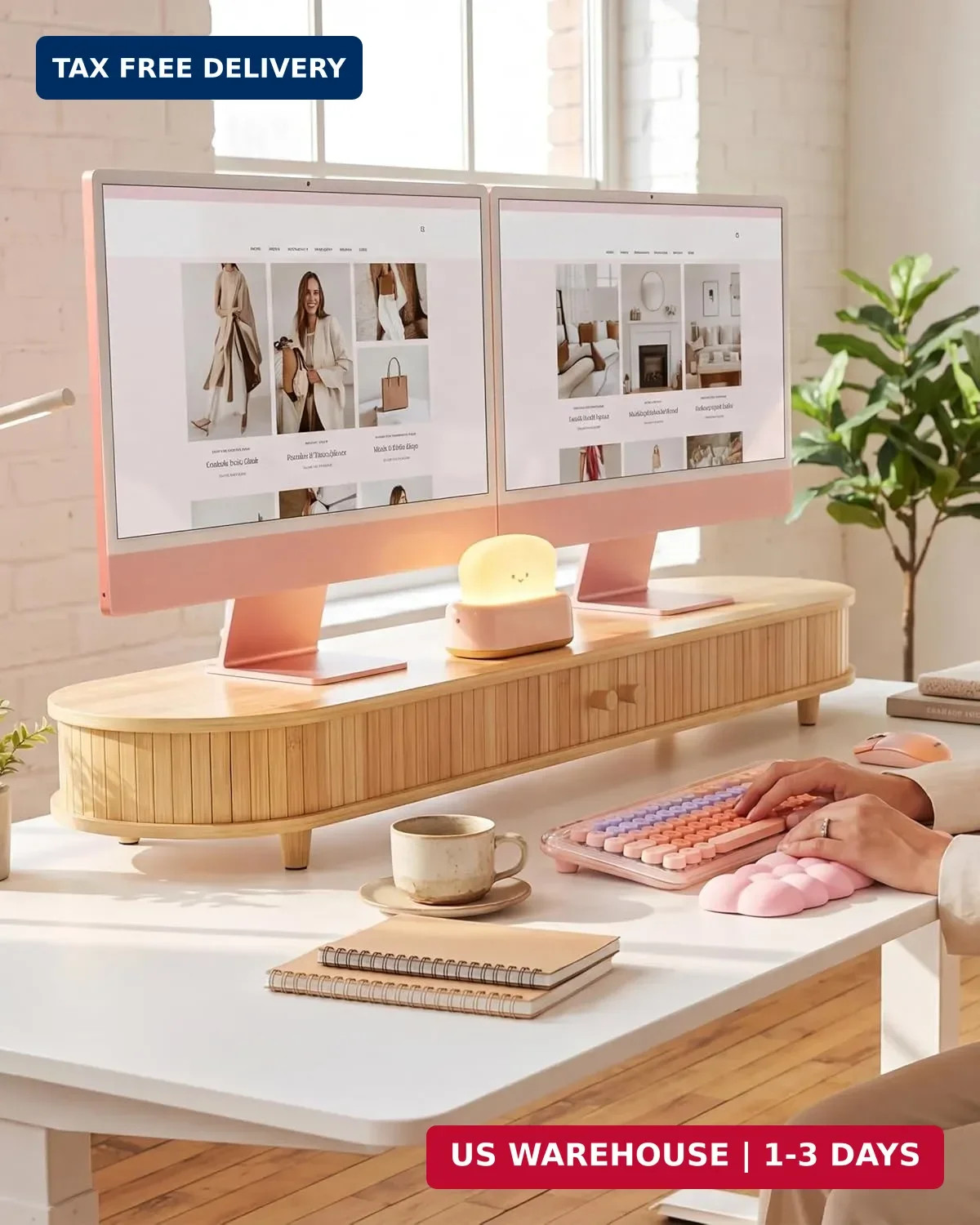 Bamboo Dual Monitor Stand with Storage, 42 Inch Desk Shelf Riser