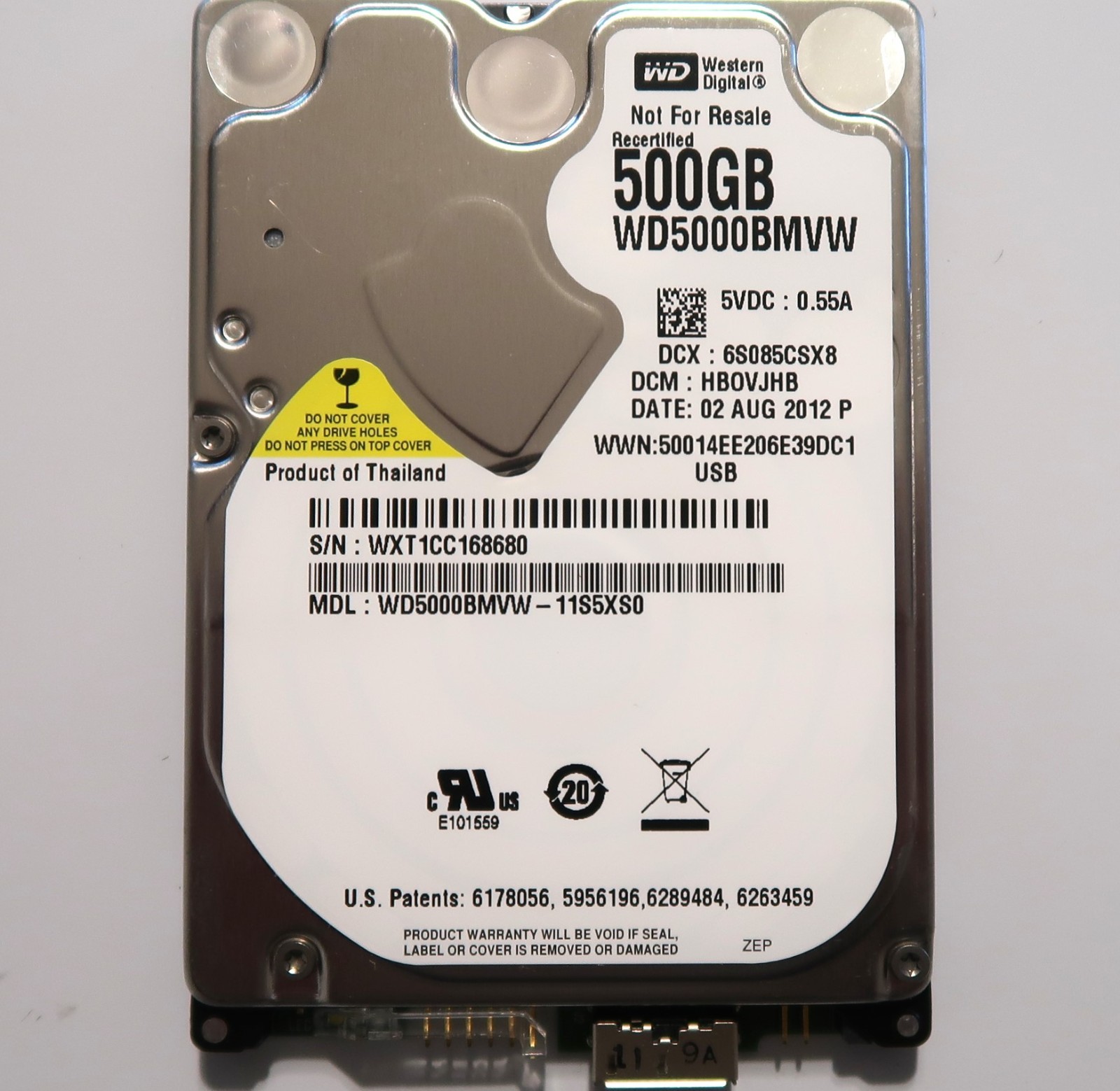 Western Digital WD5000BMVW-11S5XS0 HB0VJHB (WXT1) Thailand 500gb USB HDD 08/2012