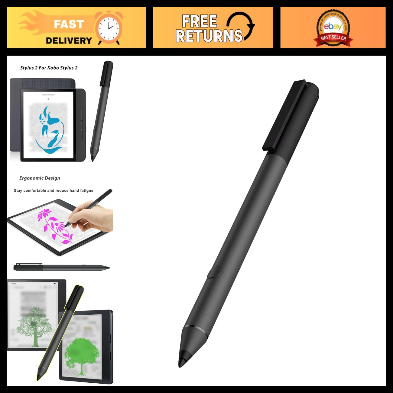 Stylus Pen for Kobo eReaders - Compatible with Sage, Elipsa, Libra 2 & More (Bla