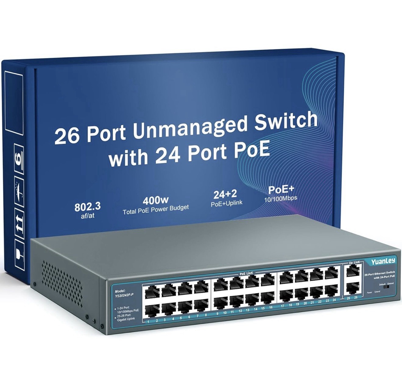 Yuanley 24 Port PoE Switch with 2 Gigabit Ethernet Uplink Port, Unmanaged 26 P