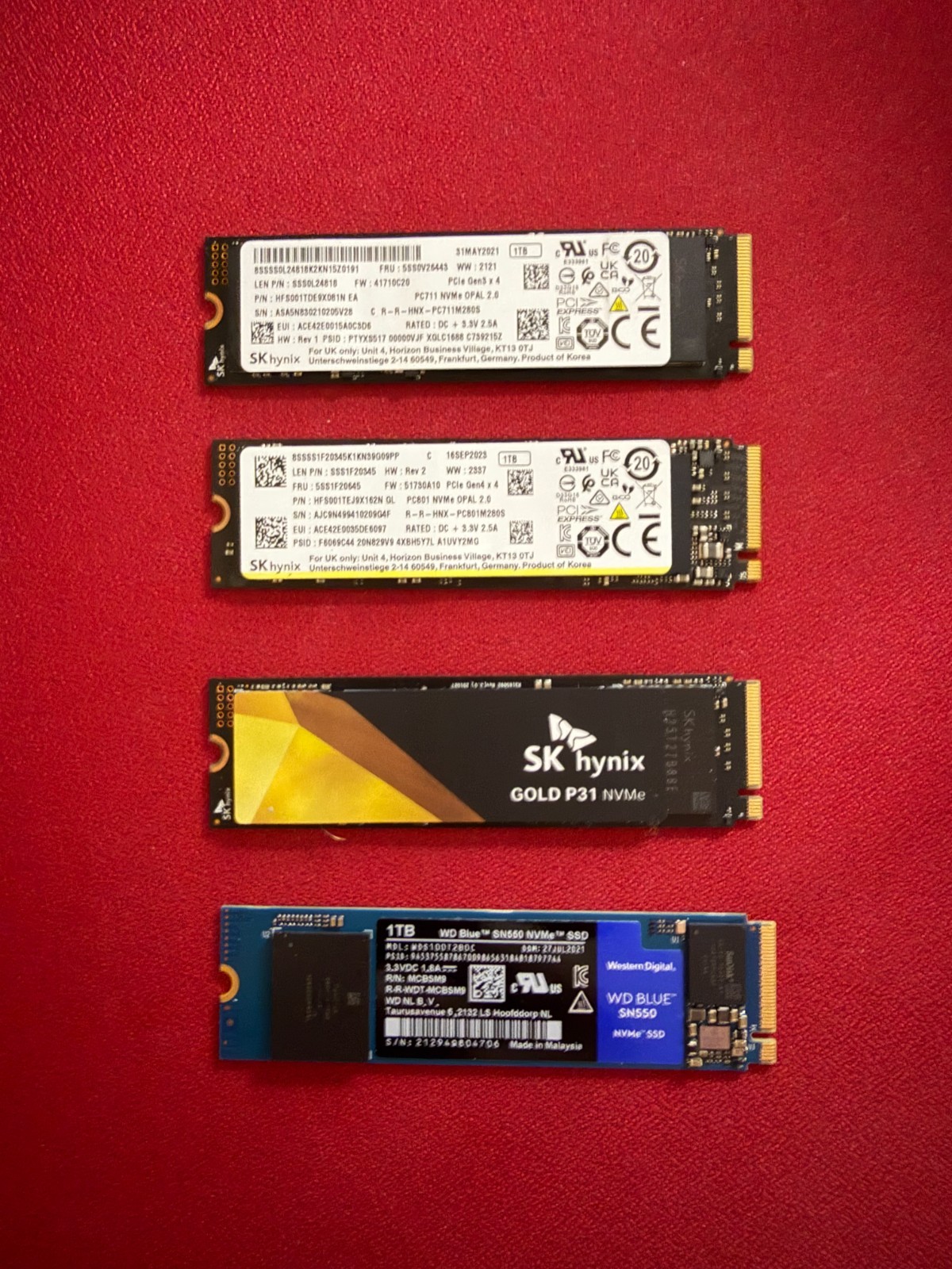 Lot of 4 1TB NVMe M.2 2280 SSD SK Hynix WD Blue SN550 P31 4TB Total
