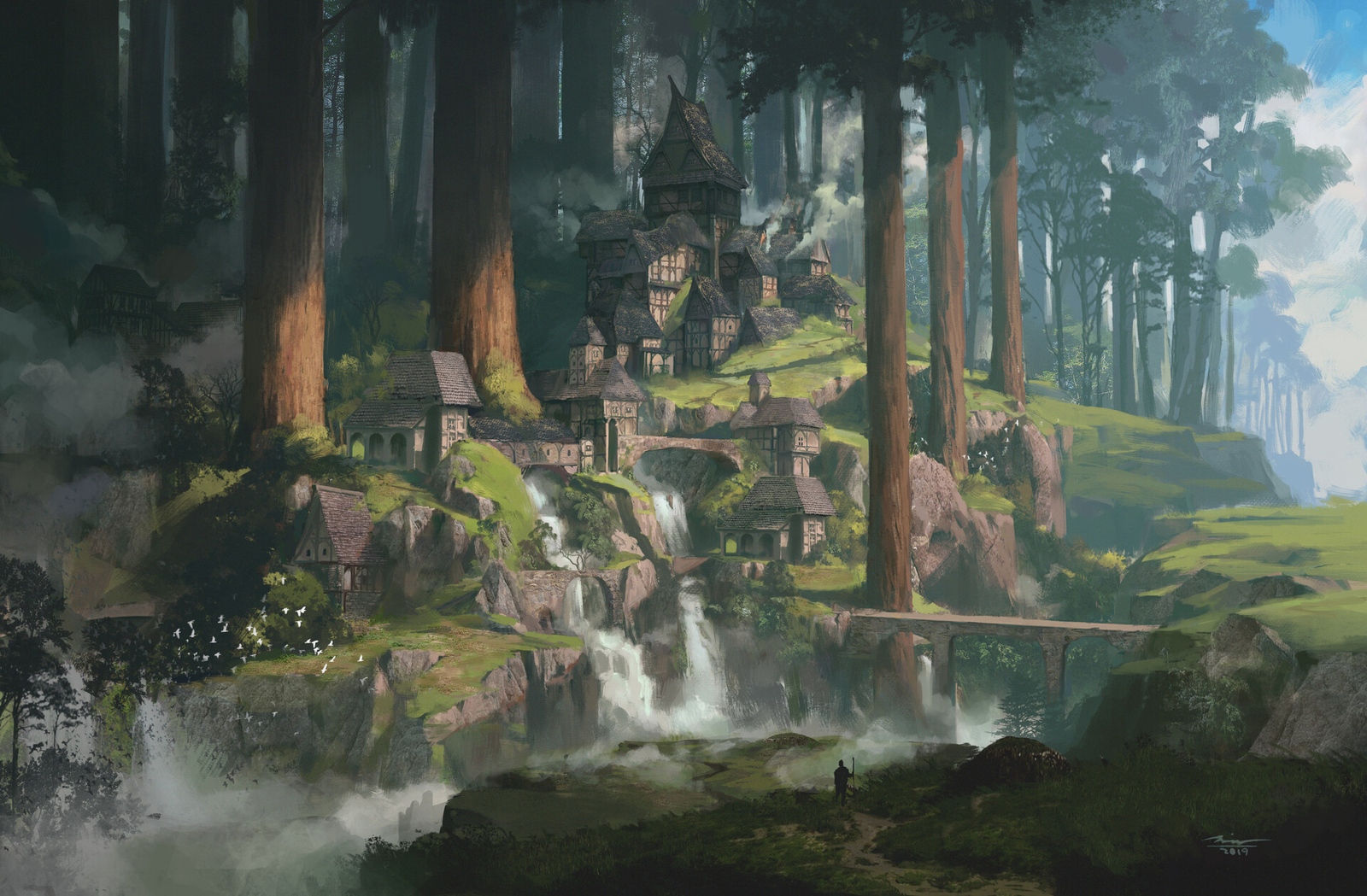 Landscape sina abbasnia city fantasy art village trees Custom Gaming Mat Desk