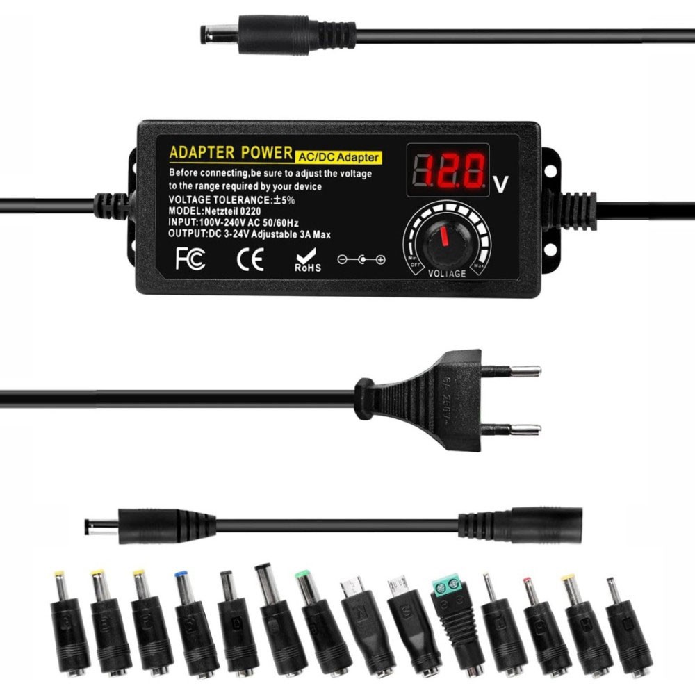 3-24V 3A 72W Adjustable Power Supply Universal AC/DC Adapter with 14 DC Plugs