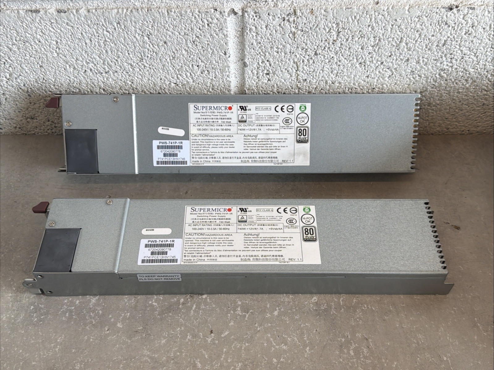 Lot of 2 - Supermicro PWS-741P-1R 750W Redundant Server Power Supplies