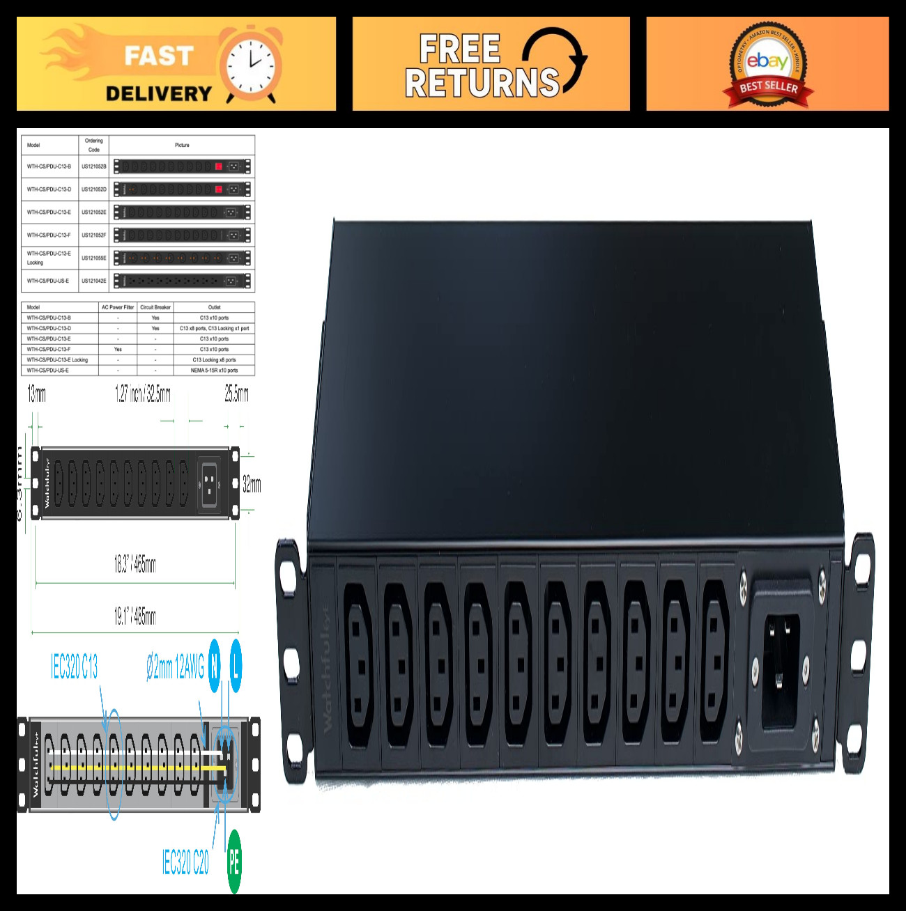 Heavy Duty 1U Rack Mount PDU, C20 Inlet 20A 120/240V, 10 x C13 Outlets, Metal