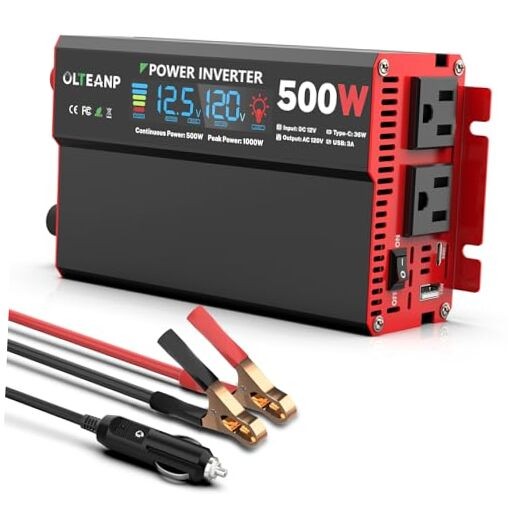 500 Watt Power Inverter 12V DC to 110V/120V AC Inverter with LCD 500W Black