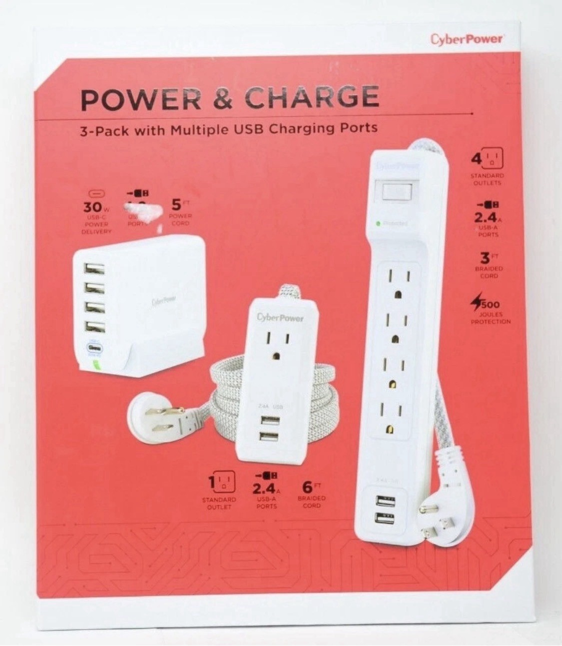 CyberPower Power & Charge 3-Pack USB Charger Surge Protector Extension Cord