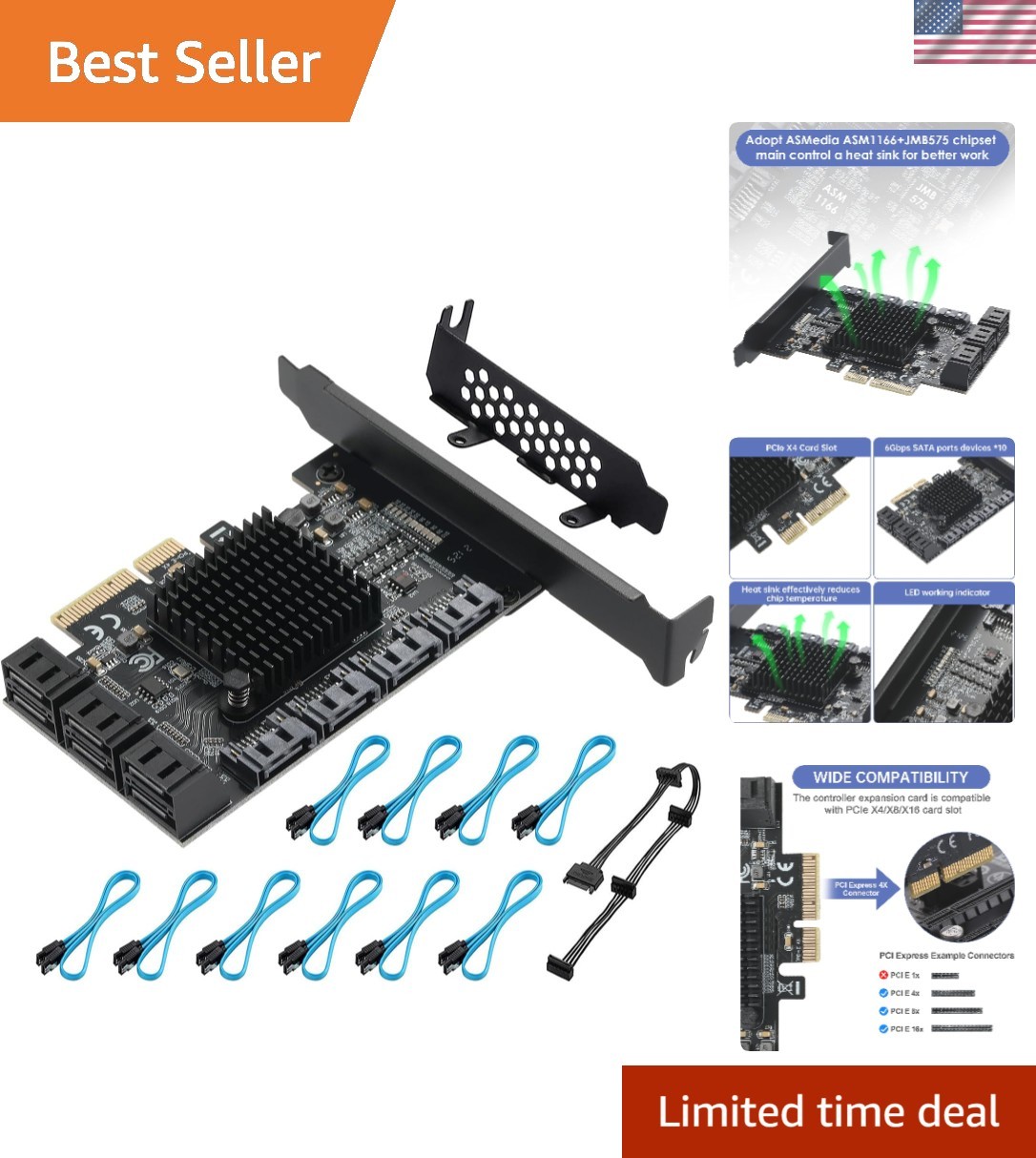PCIE to SATA 3.0 2X Card 10 Ports,PCIE to SATA III 6Gbps Expansion Card,+ Chips