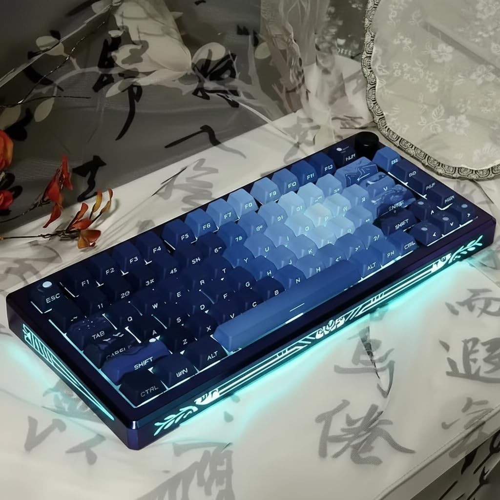 128 Keys Moonlit Dark Blue PBT Keycaps Side Print Shine Through Cherry