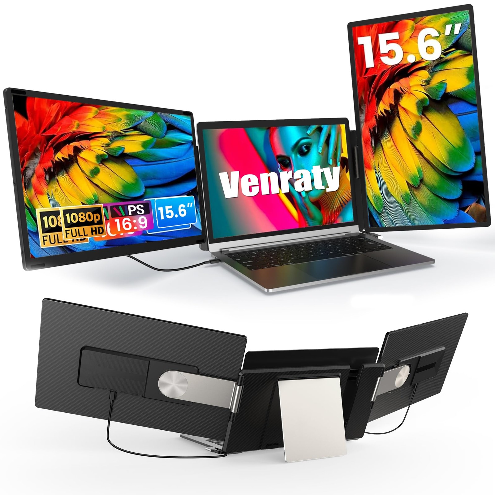 Venraty Upgraded Detachable 15.6" Triple Monitor, Black