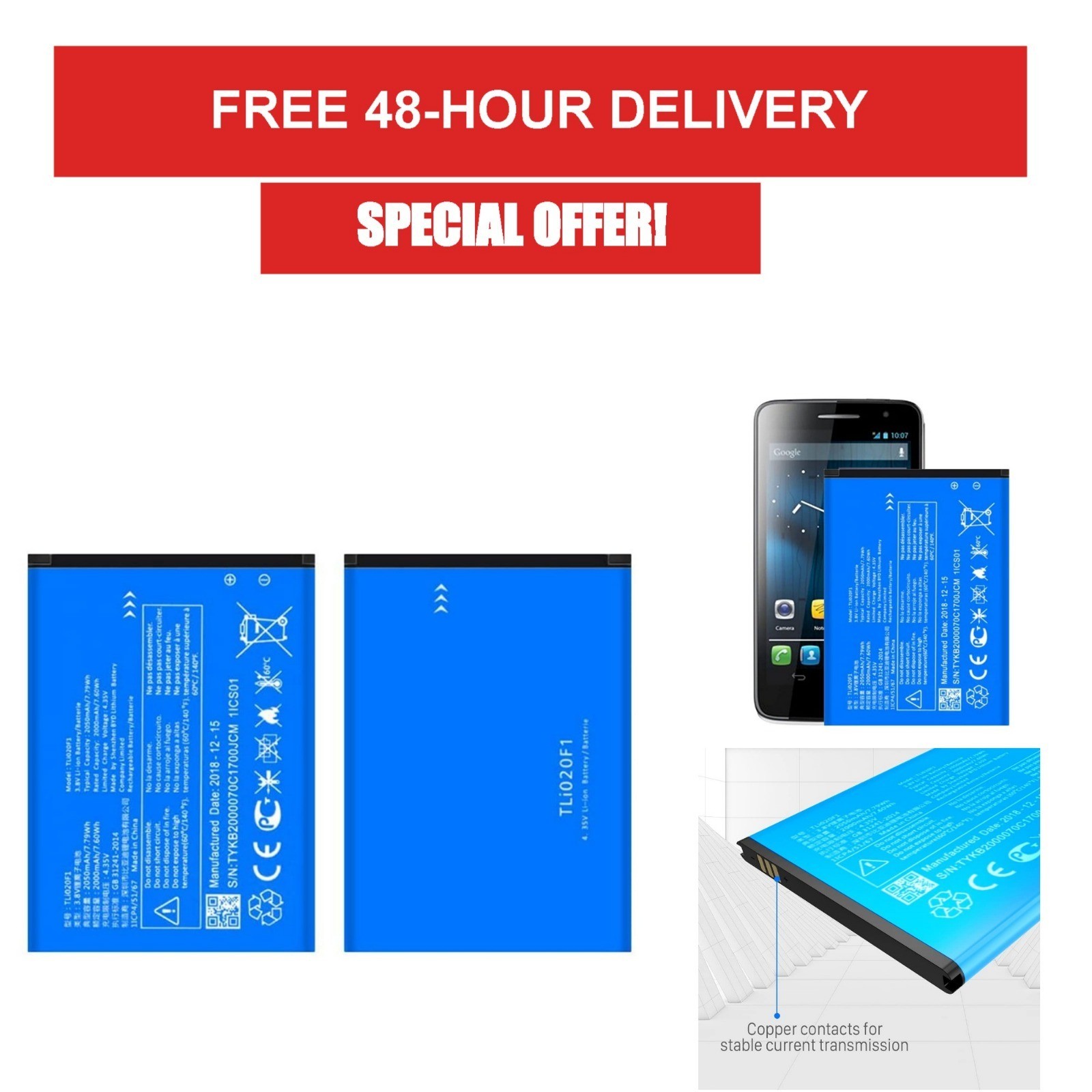 TLI020F1 Battery for Alcatel One Touch Pop 2 5042D TCL J720 J726T Fierce 2 A564C