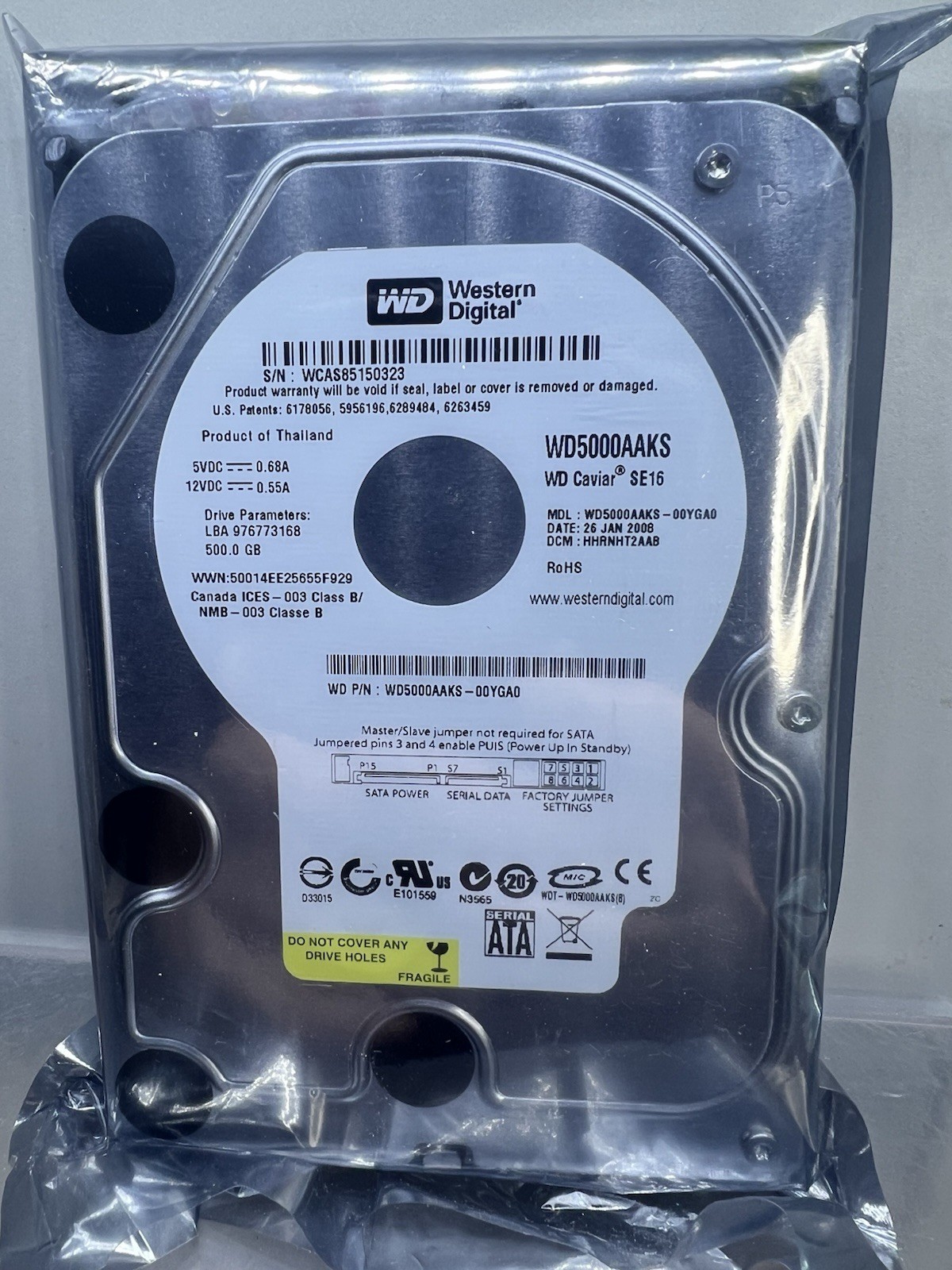 Western Digital WD Caviar SE16 WD5000AAKS-00YGAO 500GB NOS Hard Drive