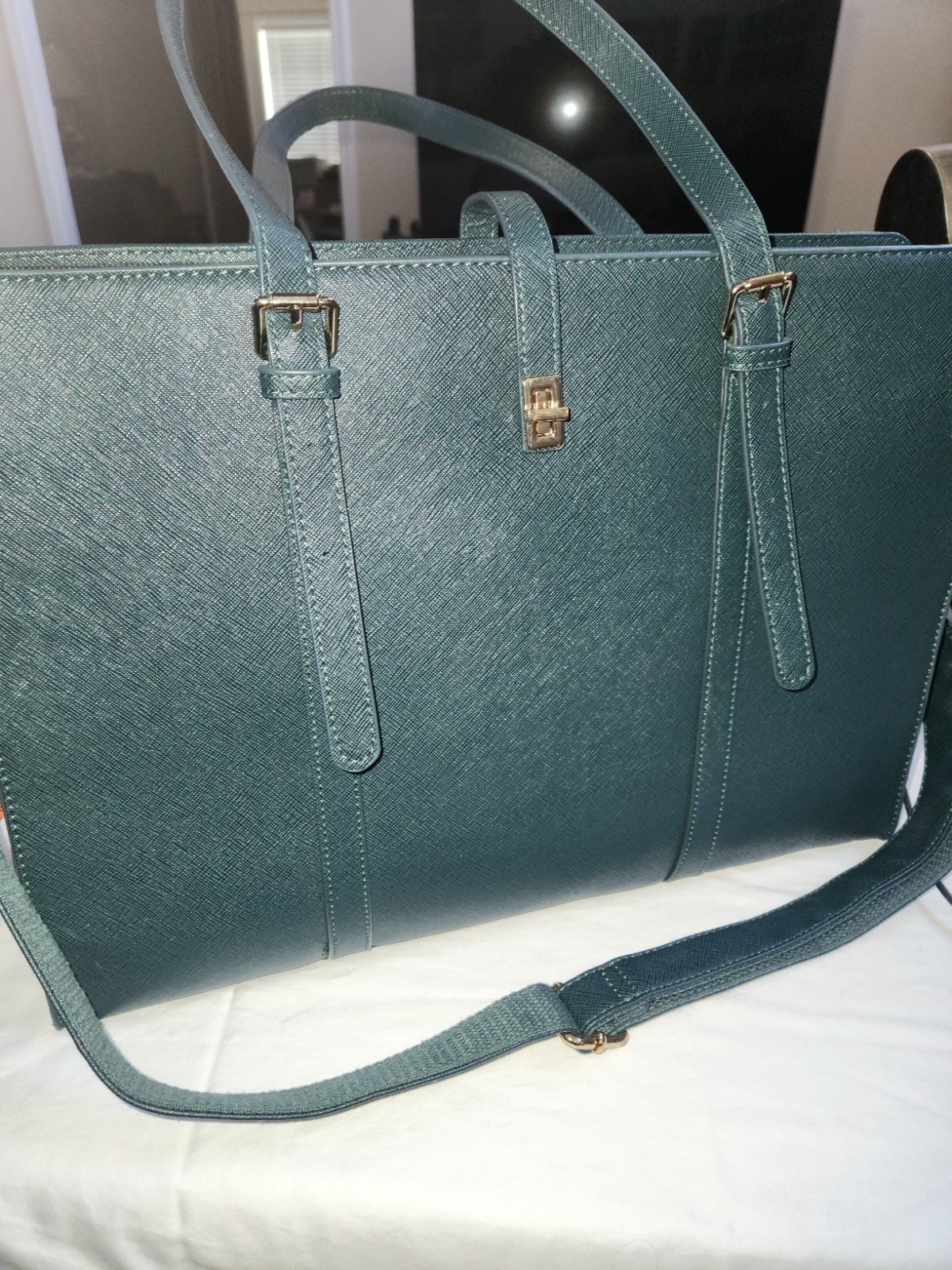 Laptop Bag Classic Slim Brief Dk. Green Pu Leather 15.6" Large Waterproof Tote