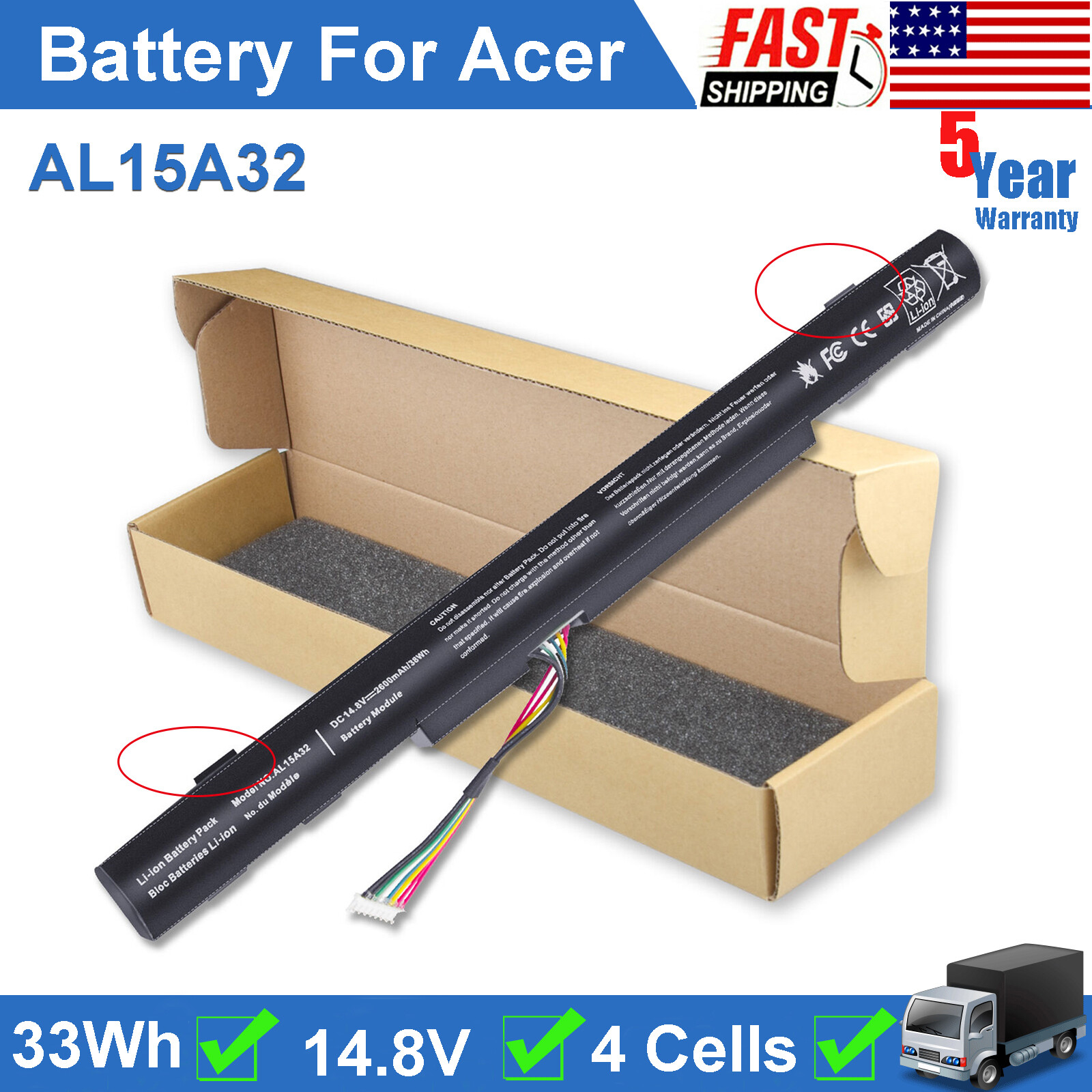 NEW AL15A32 LAPTOP BATTERY For ACER ASPIRE E5-473 E5-532 ES1-420 ES1-421 V3-574