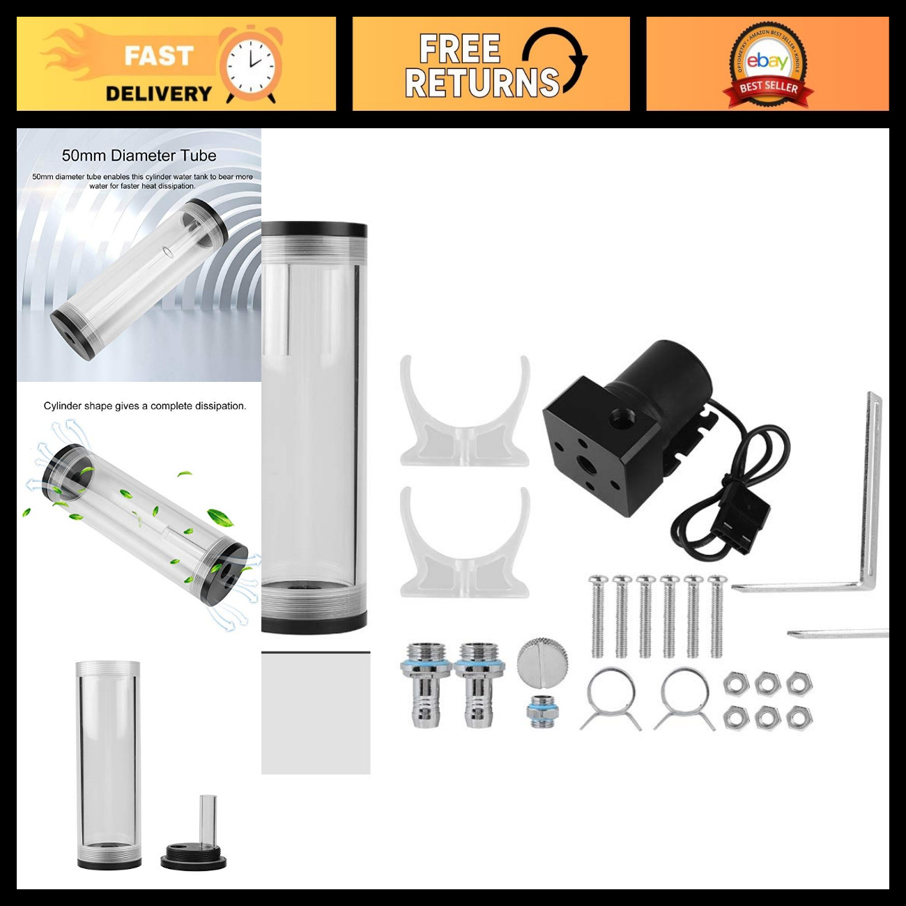 High-Performance CPU Water Cooler System, 50mm Diameter, 160mm Long, 800L/H Pump
