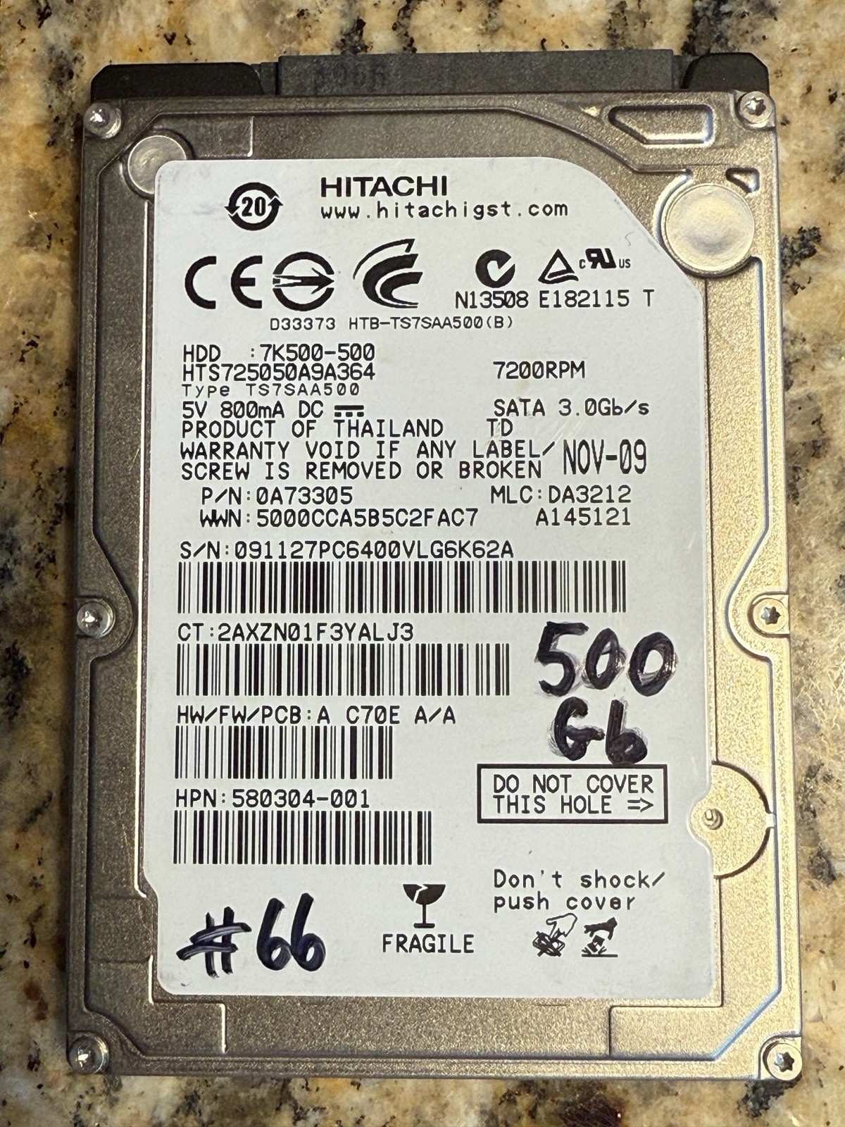 TESTED Hitachi Travelstar 7K500 Internal HDD 500GB Model HTS725050A9A364 #66