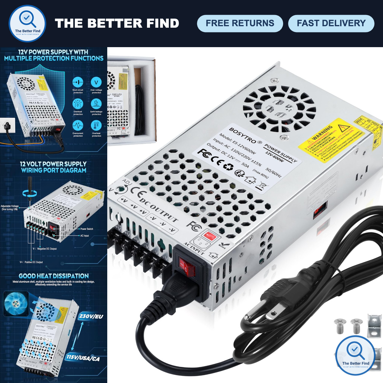 12V 600W Power Supply 50A AC to DC Converter for LED Strips, CCTV, 3D Printers