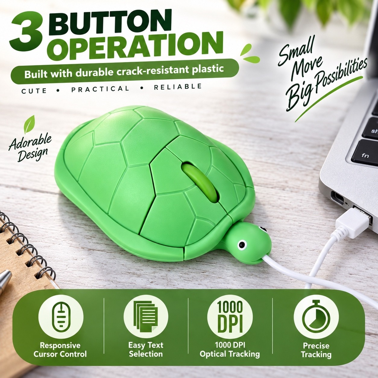Cute Turtle Wired USB Optical Mouse with 3 Button Operation and 1000 DPI