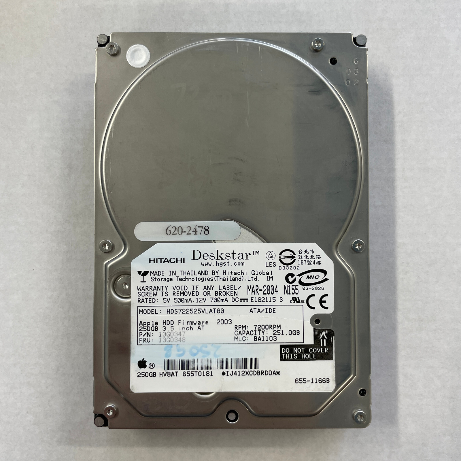 Hitachi 250GB 3.5" IDE HDD ATA/100 7200 RPM HDS722525VLAT80 Apple 655-1166B