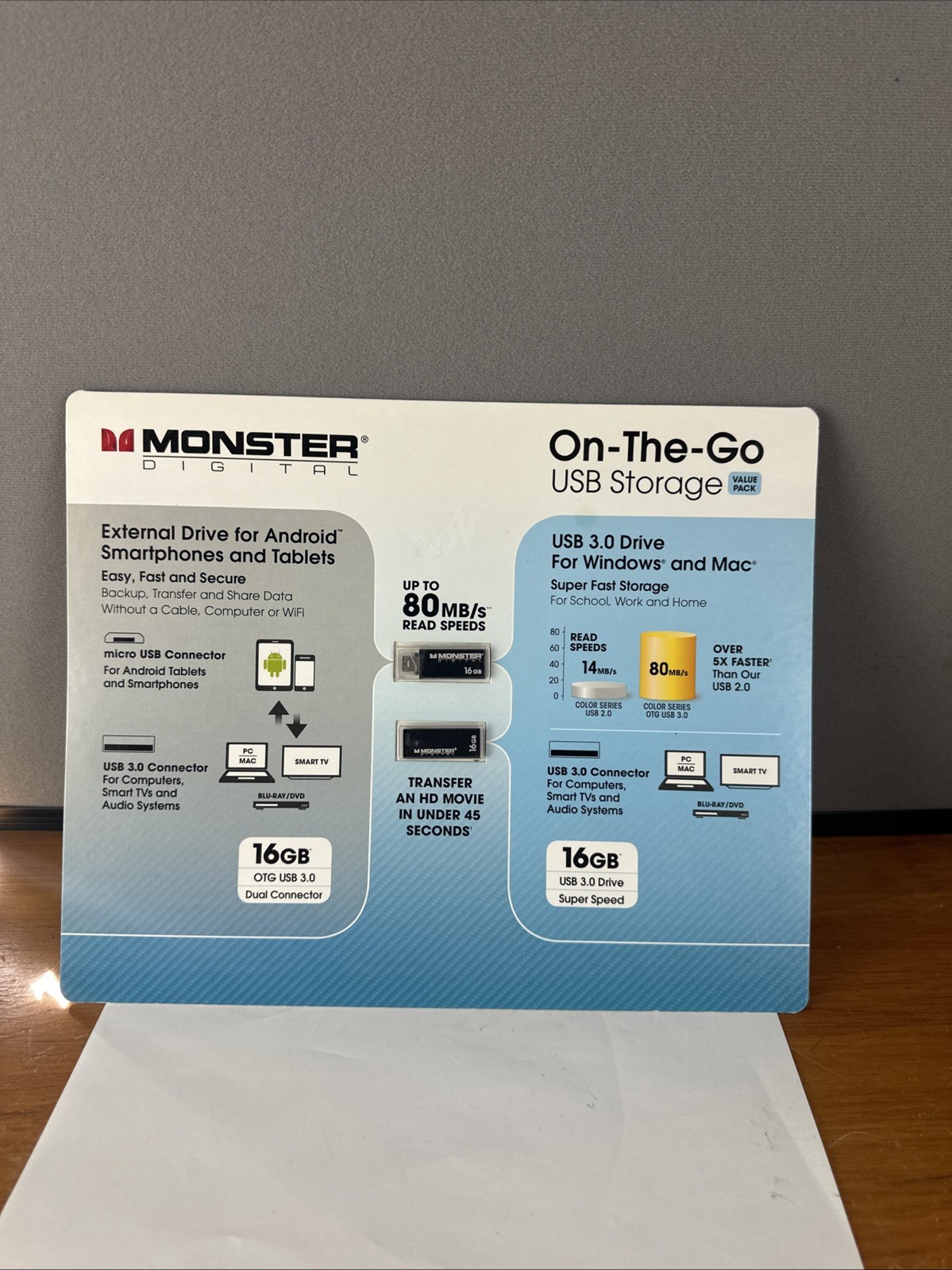 NIB Monster Digital On the Go USB Storage Value Pack 16GB USB Drive & Connector